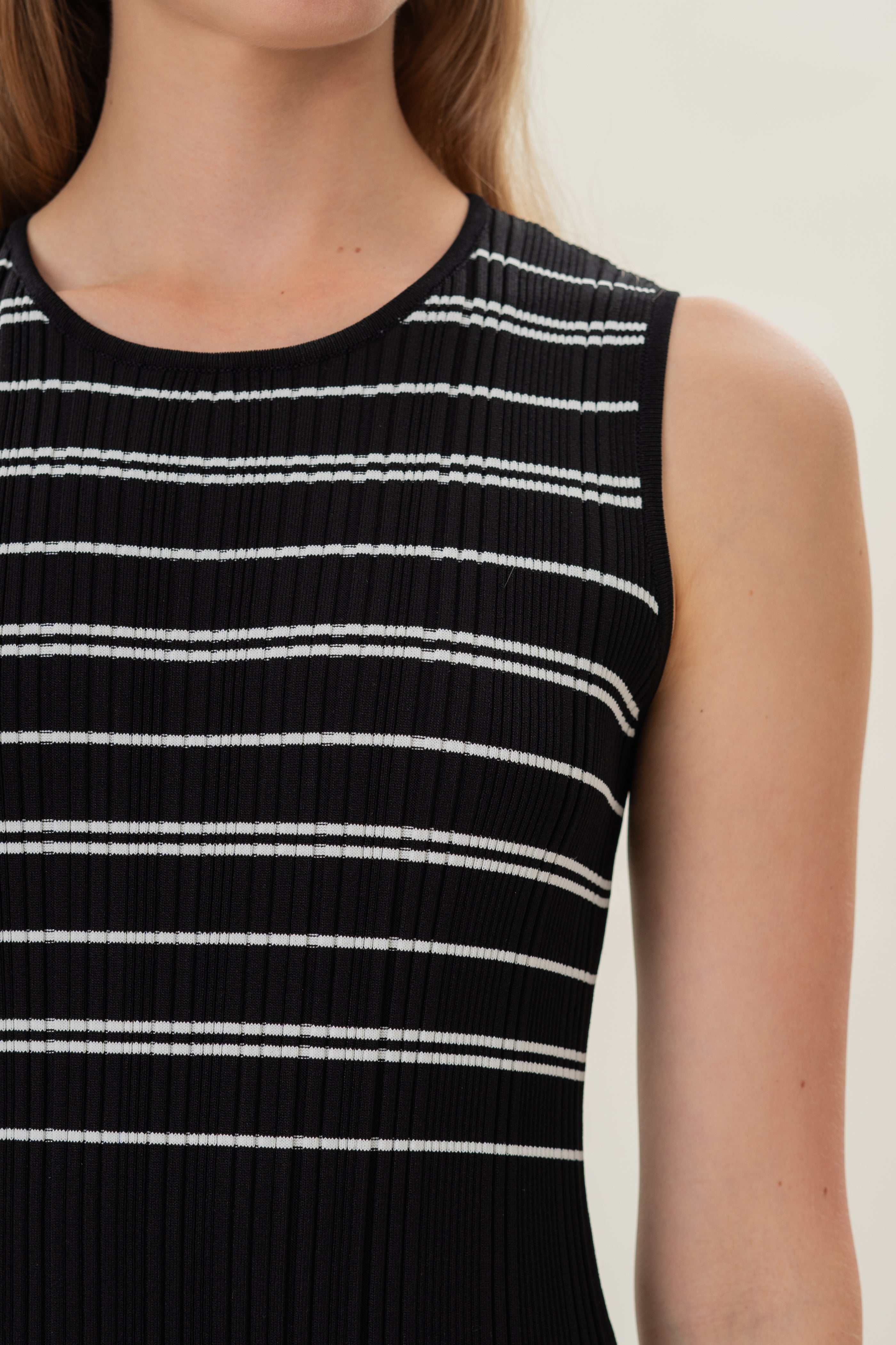 Pleated Knit Dress in Black White Stripes