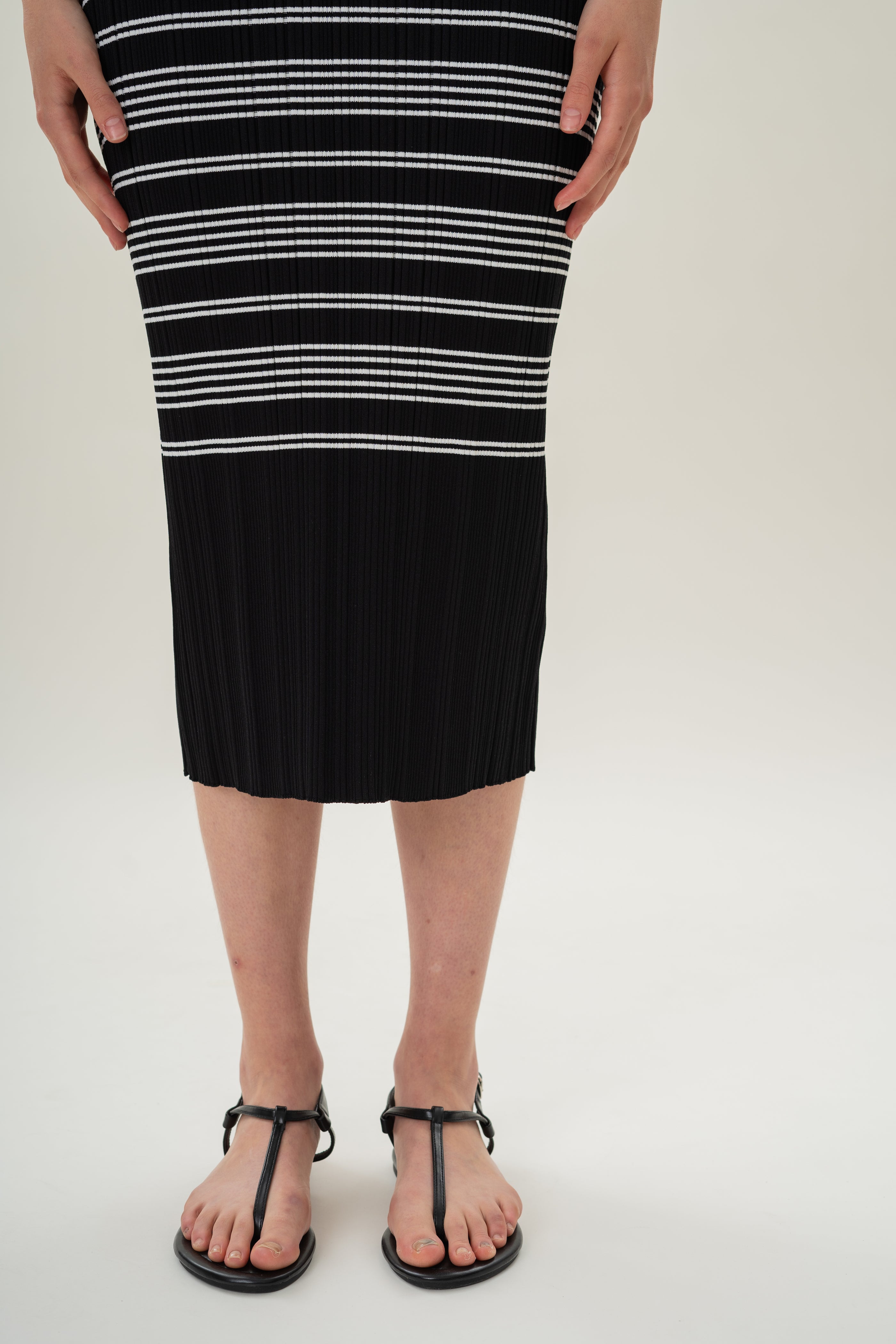 Pleated Knit Dress in Black White Stripes