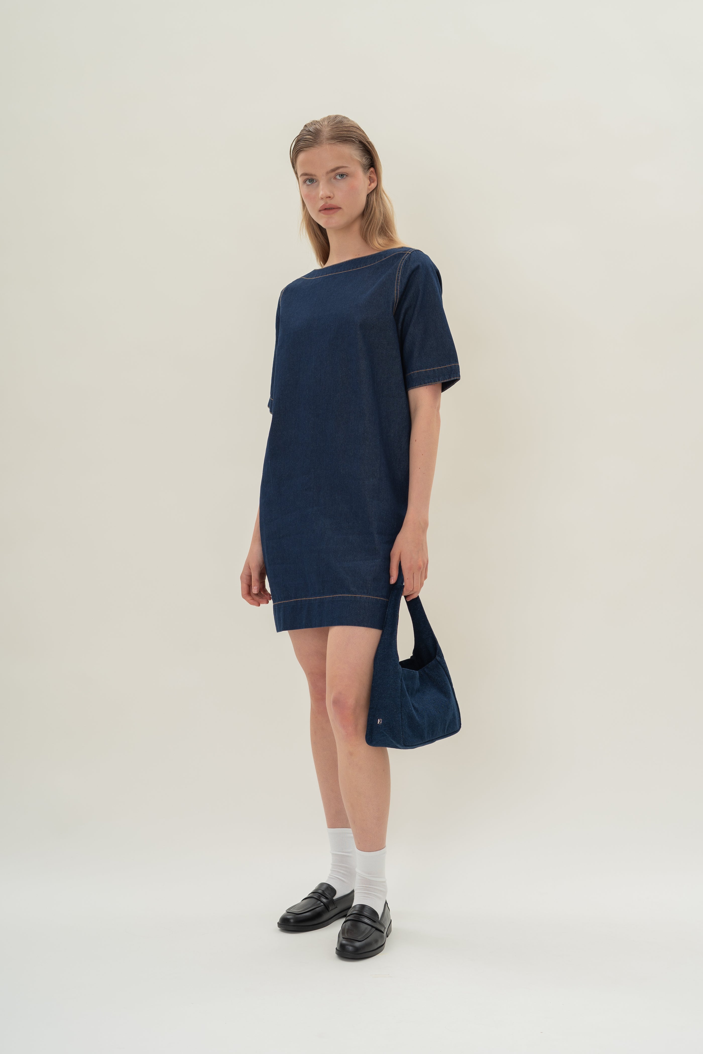 Boat Neck Denim Dress in Dark Wash