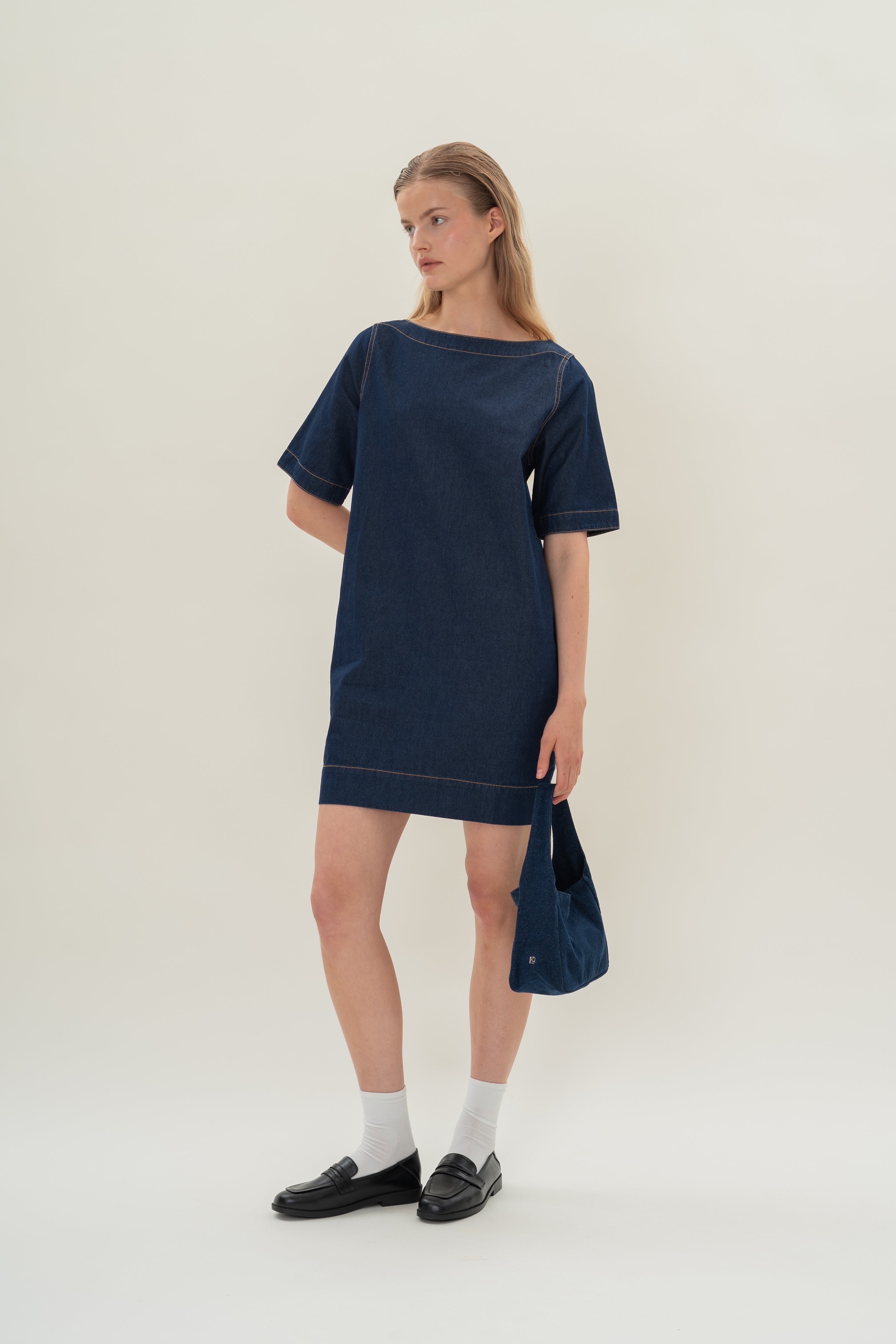Boat Neck Denim Dress in Dark Wash