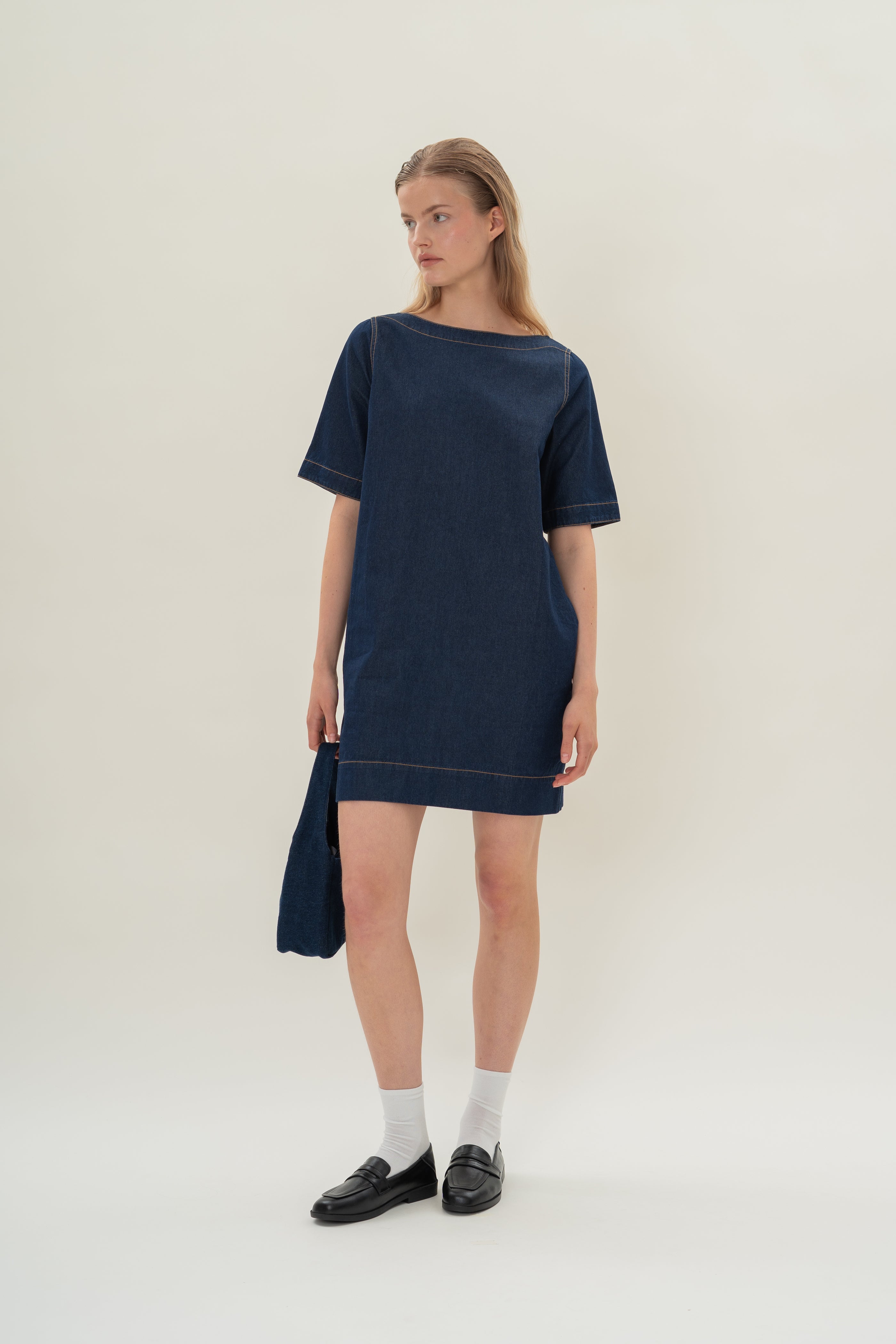 Boat Neck Denim Dress in Dark Wash