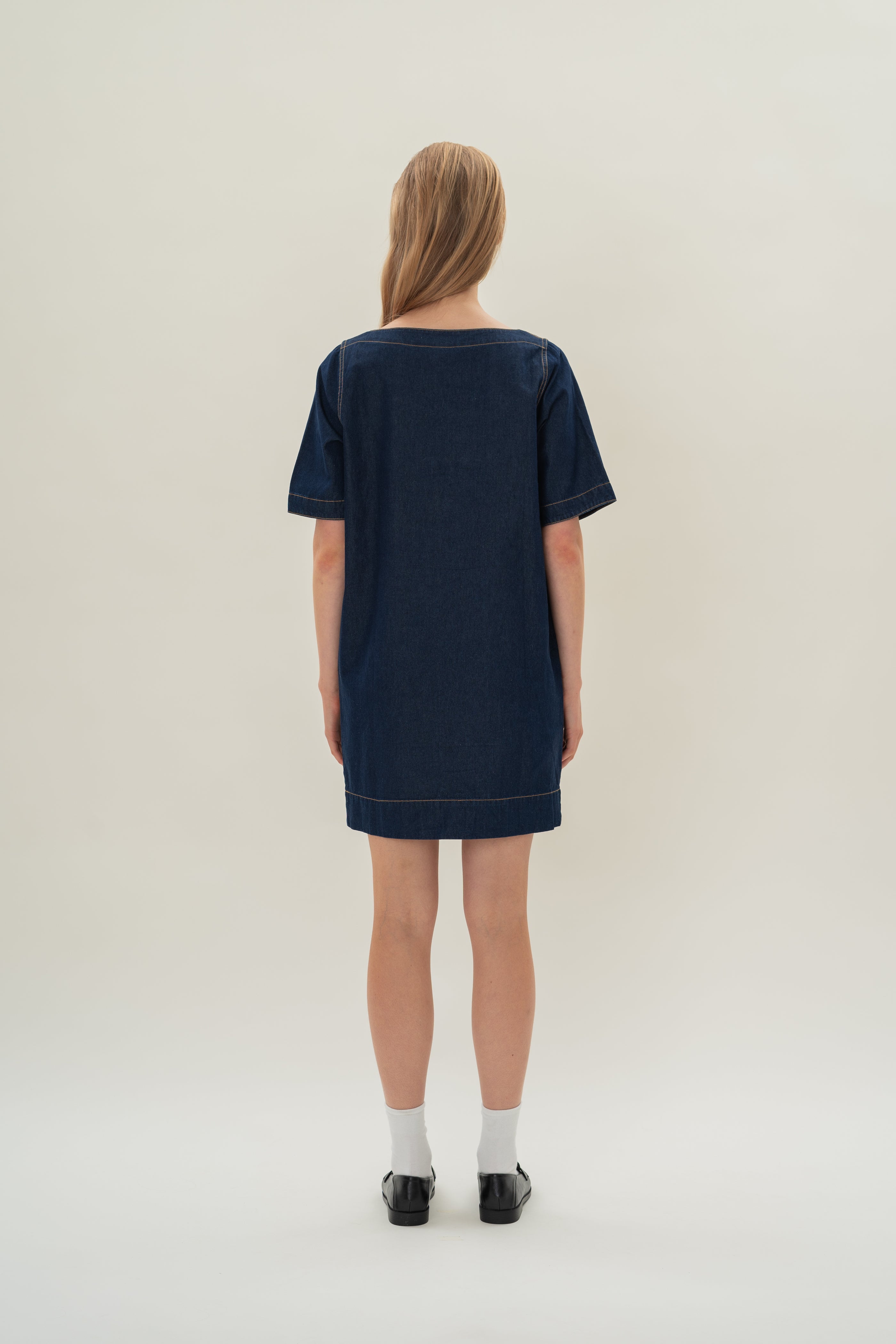 Boat Neck Denim Dress in Dark Wash