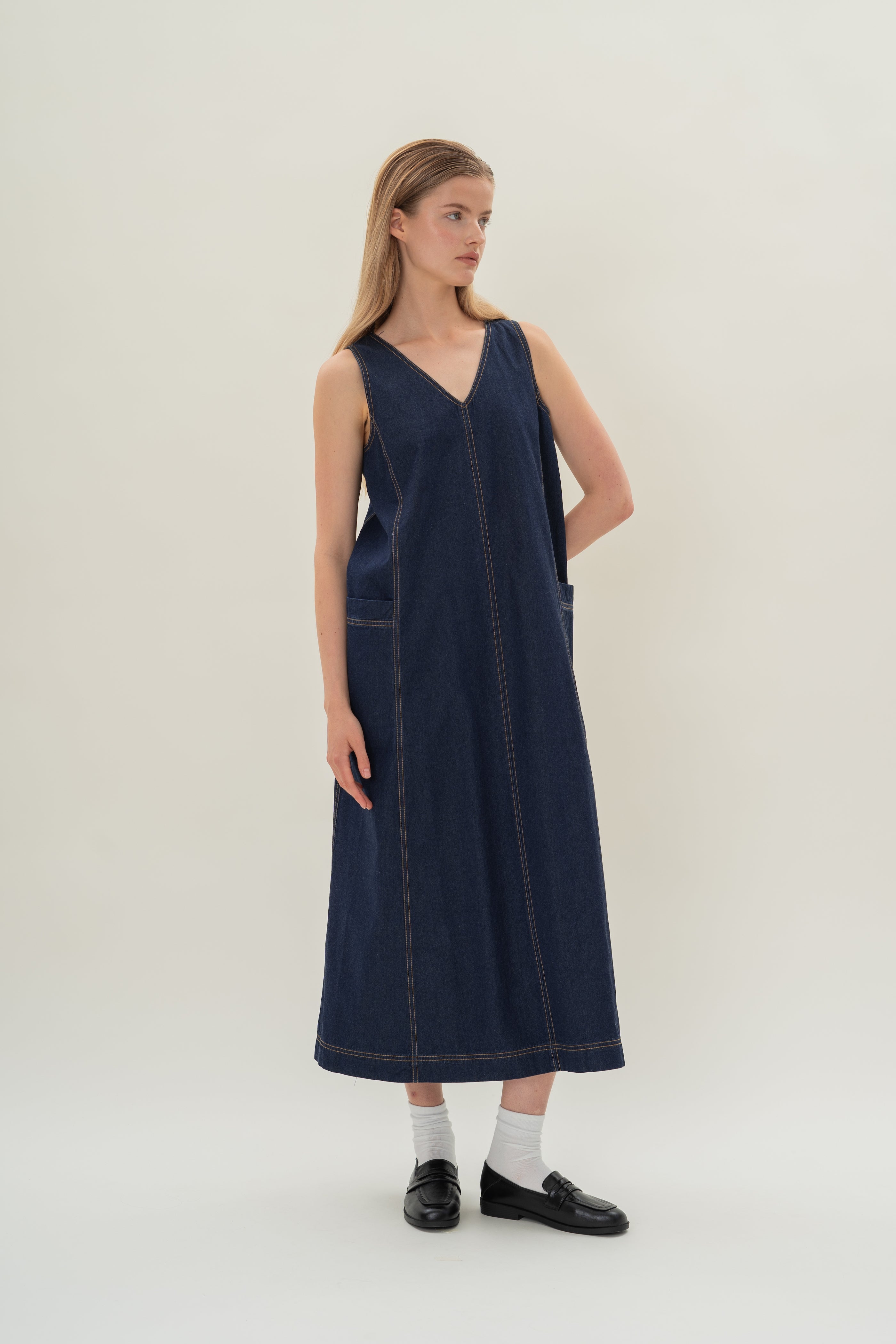 V-Neck Straight Denim Dress in Dark Wash