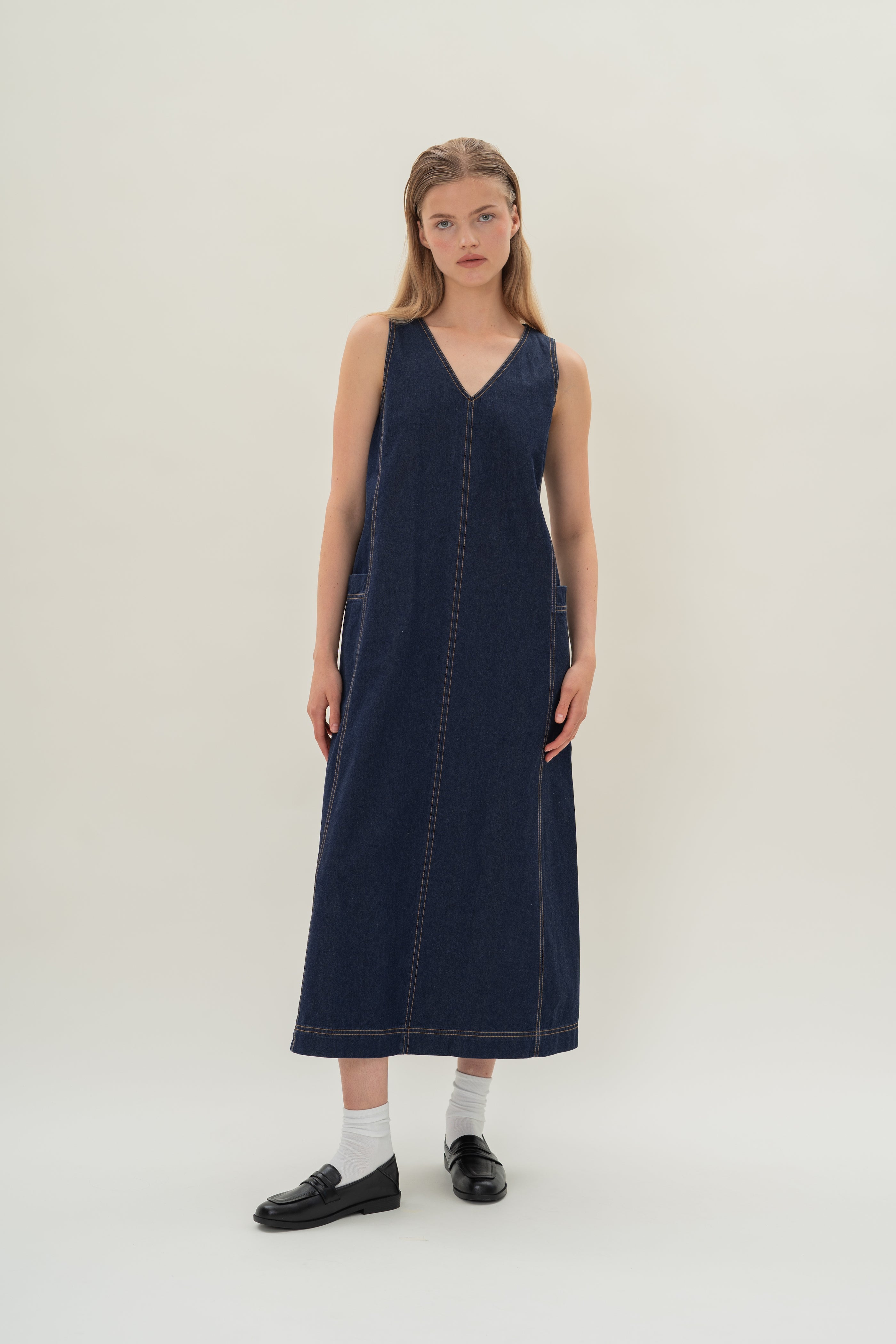 V-Neck Straight Denim Dress in Dark Wash