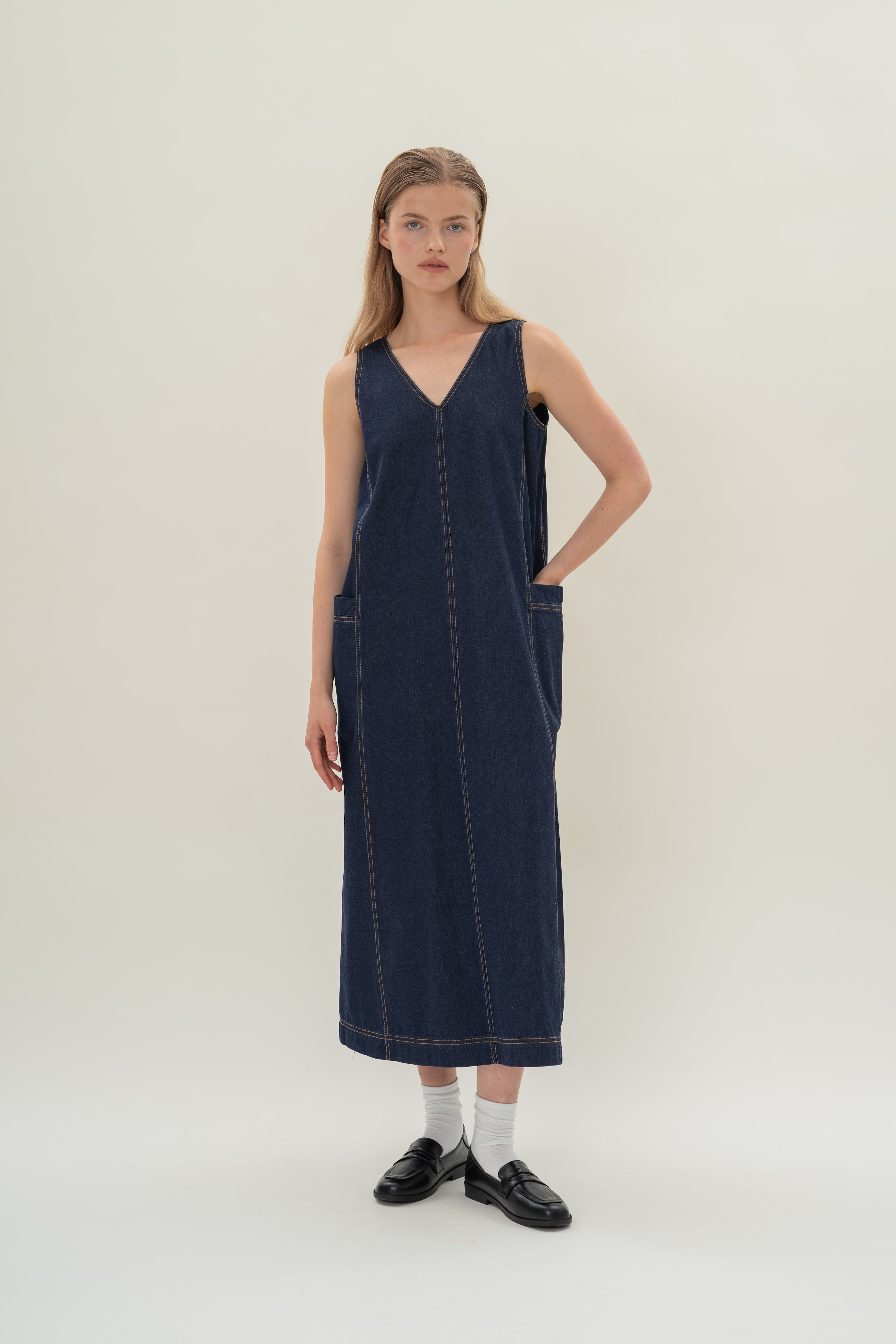 V-Neck Straight Denim Dress in Dark Wash