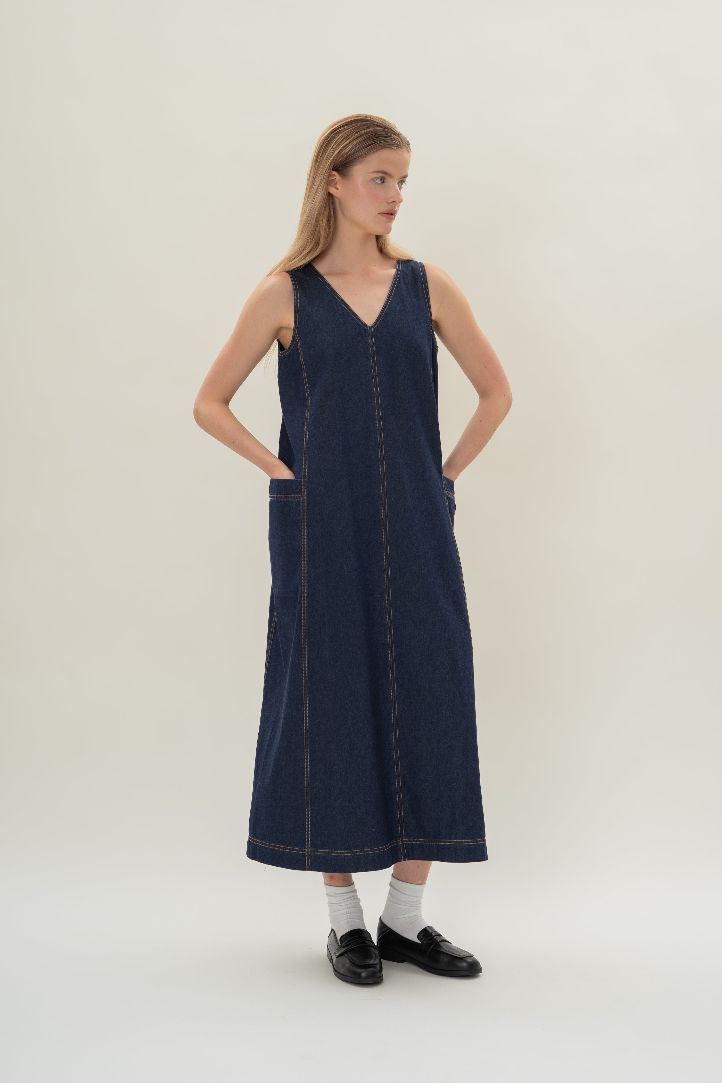 V-Neck Straight Denim Dress in Dark Wash