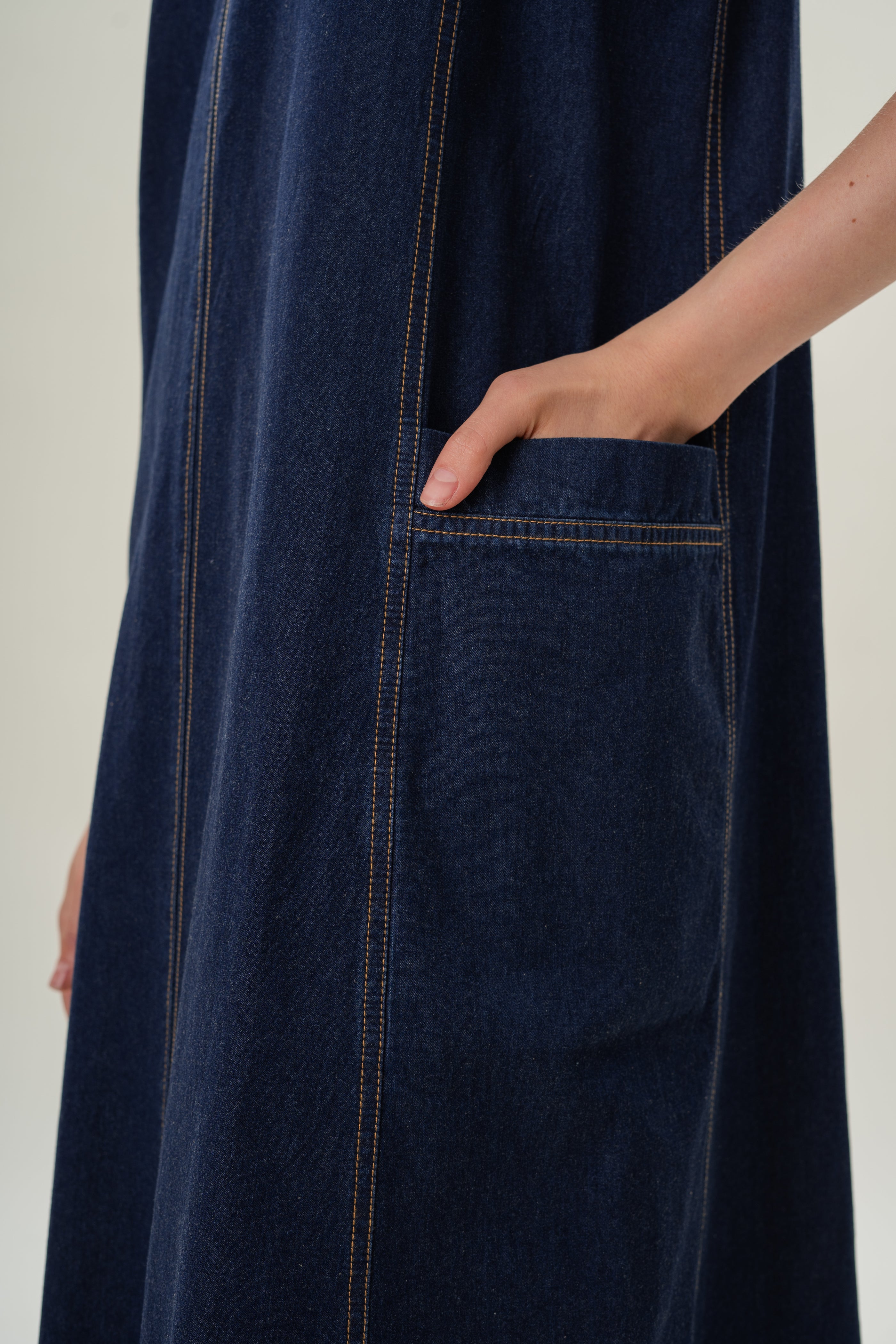 V-Neck Straight Denim Dress in Dark Wash