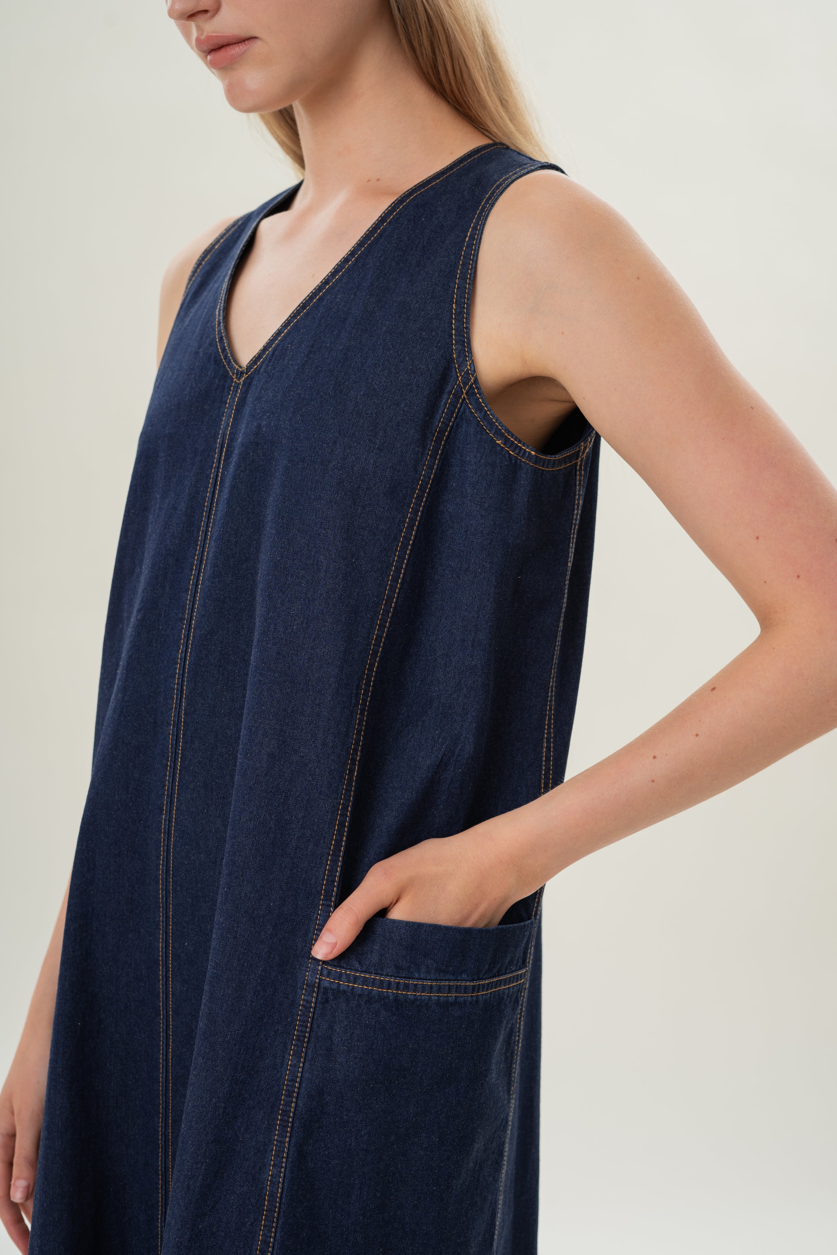 V-Neck Straight Denim Dress in Dark Wash