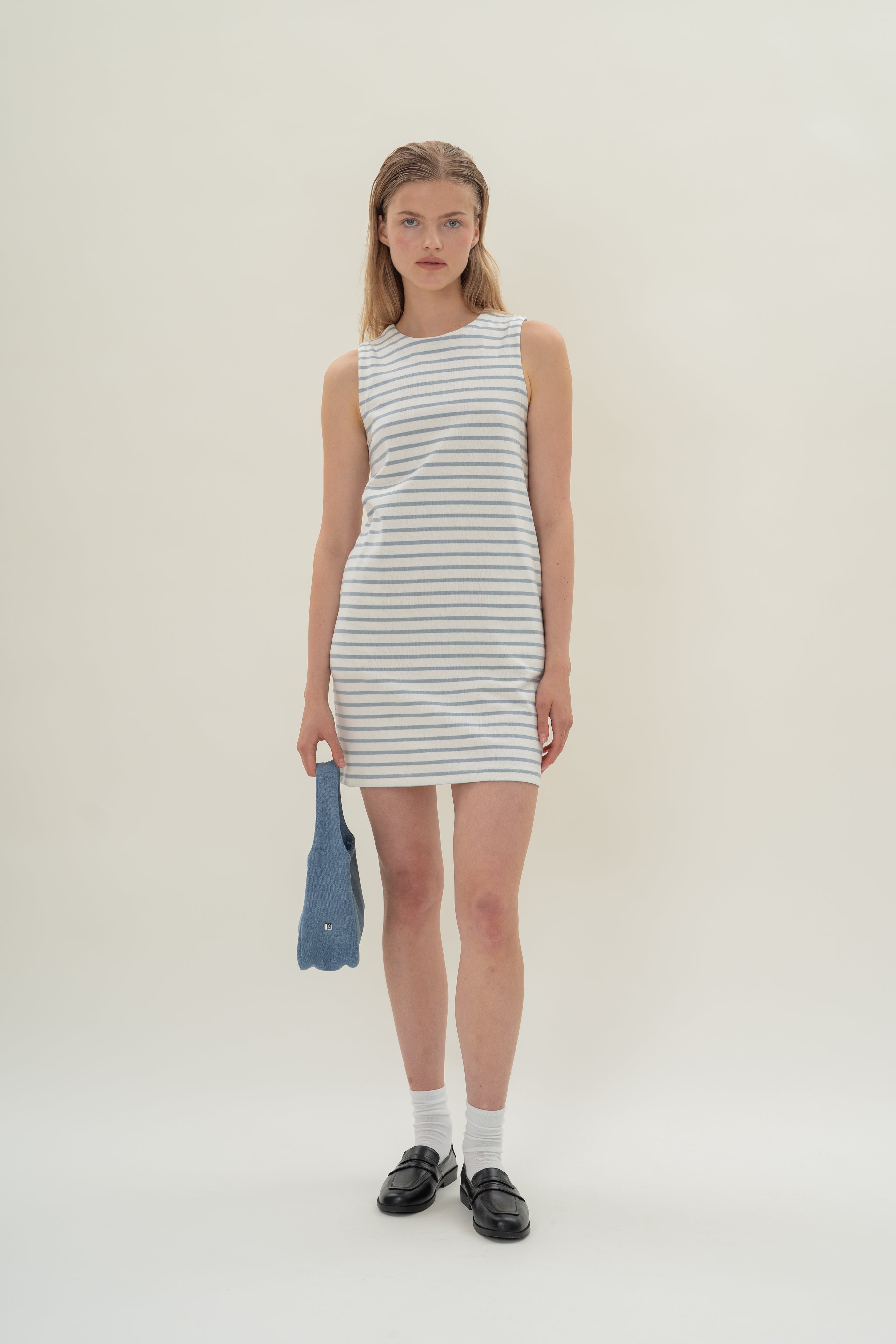 Sleeveless Cotton Jersey Dress in Stripe Blue