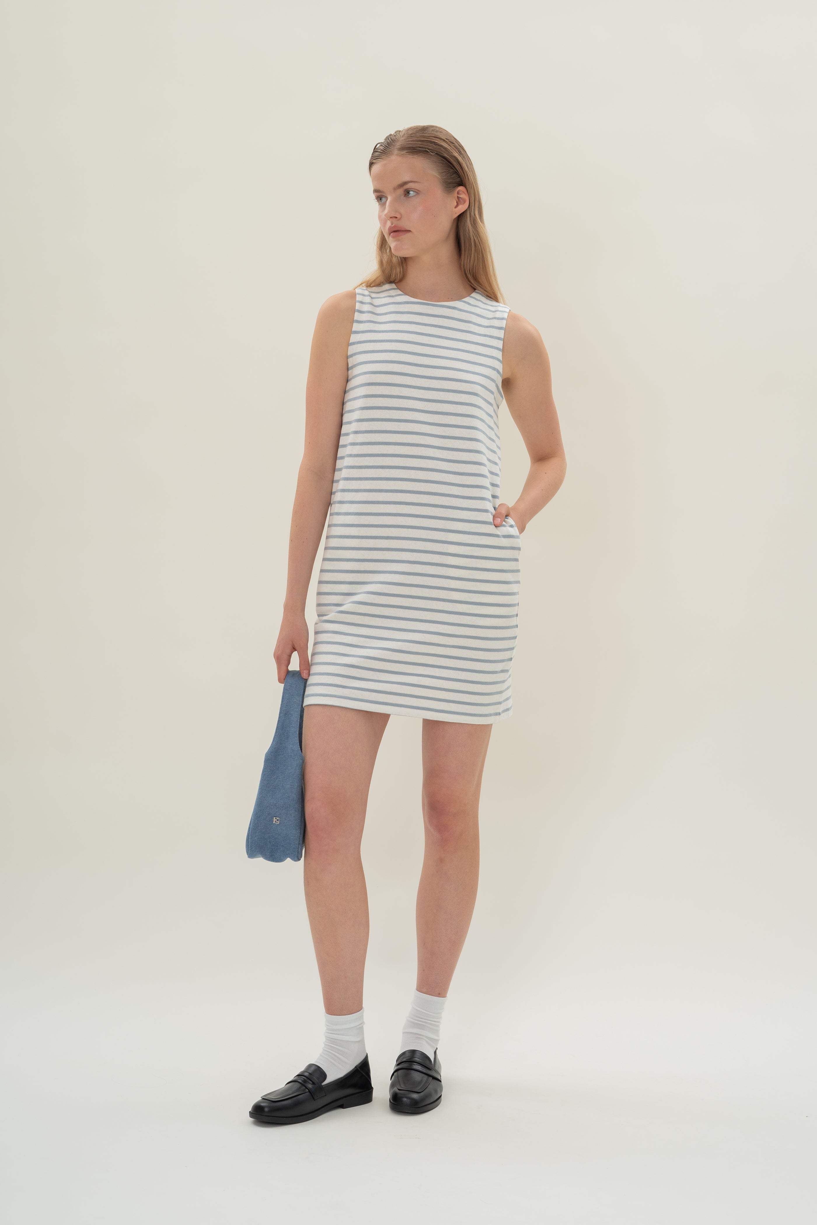 Sleeveless Cotton Jersey Dress in Stripe Blue