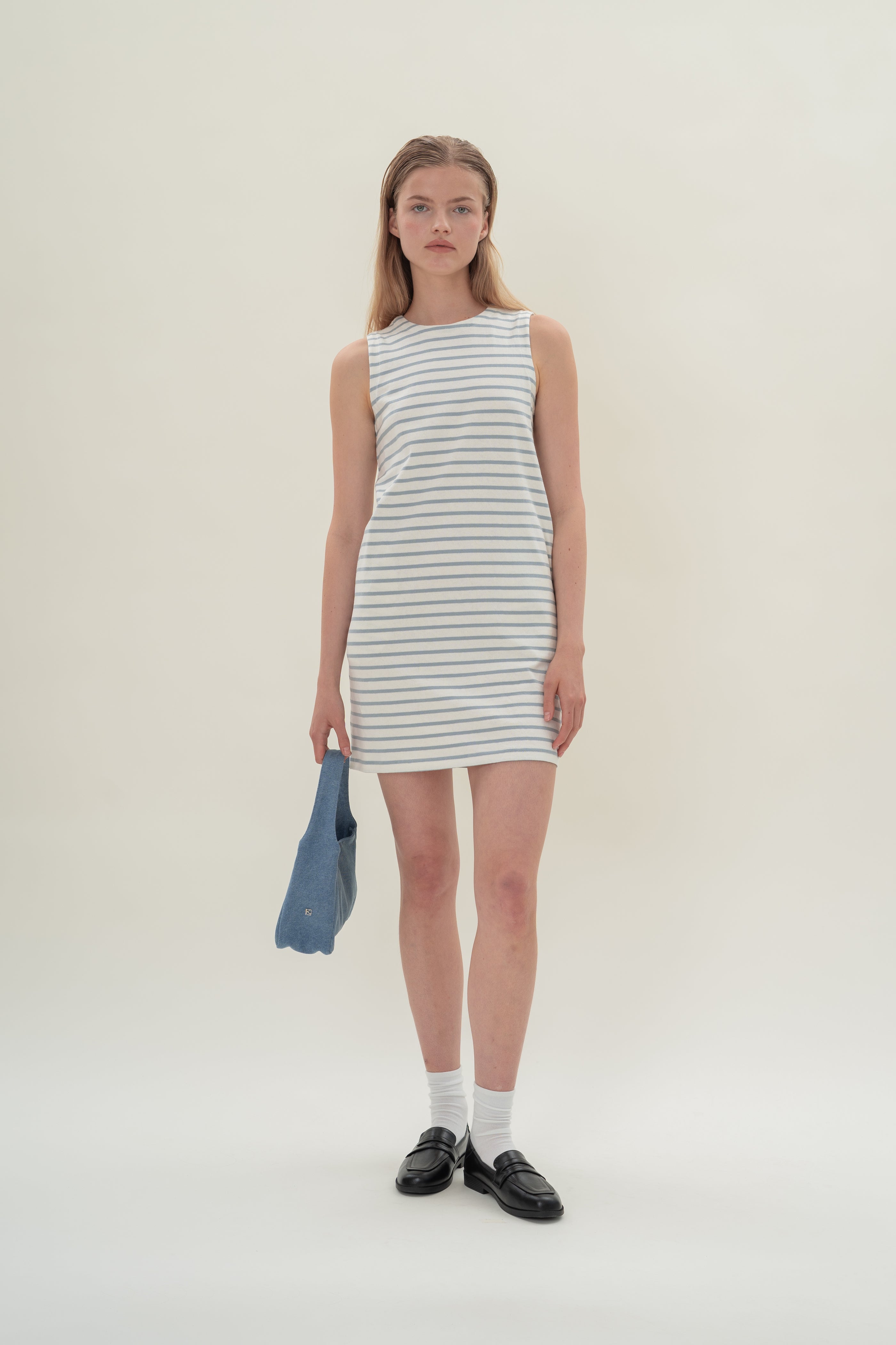 Sleeveless Cotton Jersey Dress in Stripe Blue