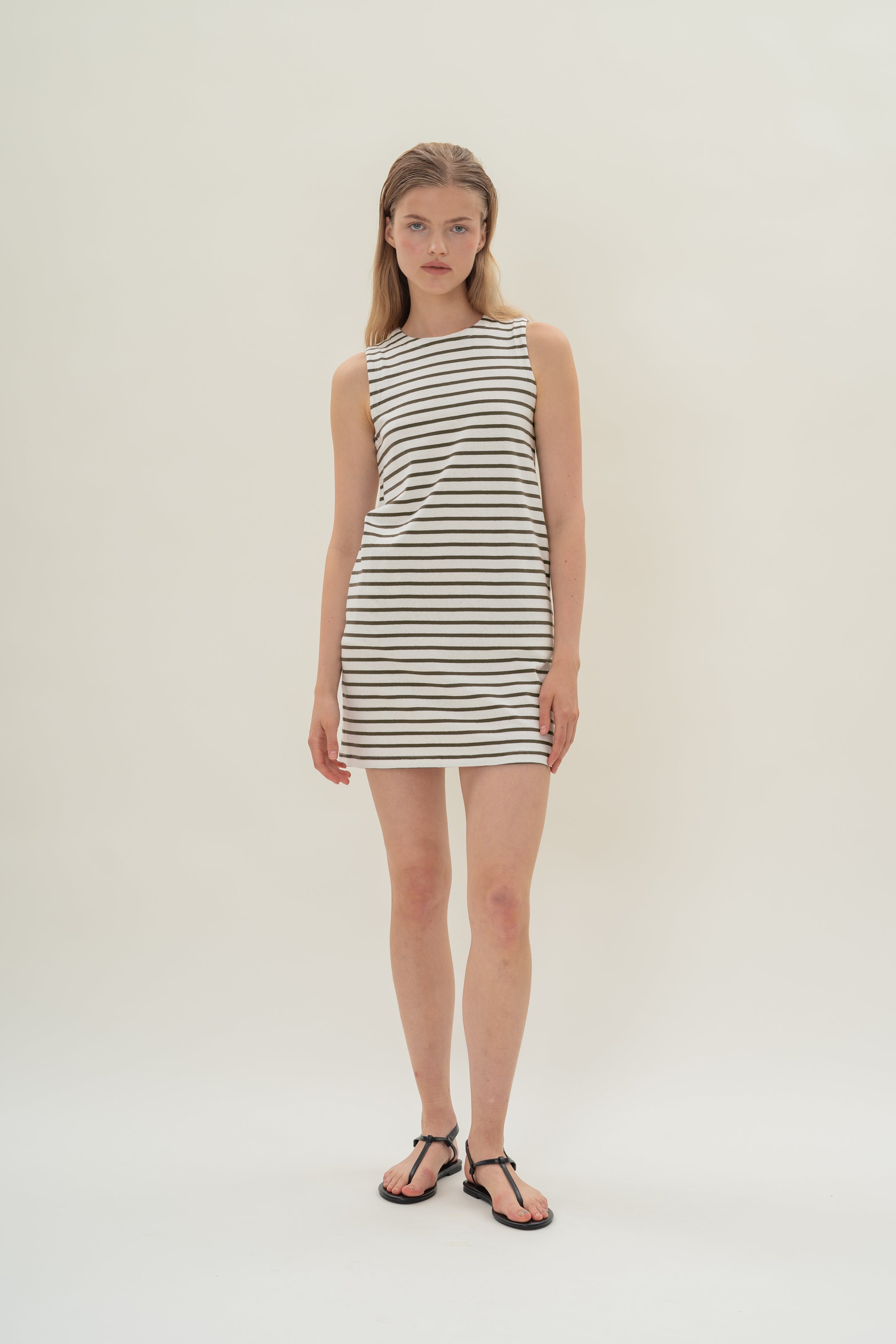 Sleeveless Cotton Jersey Dress in Stripe Olive