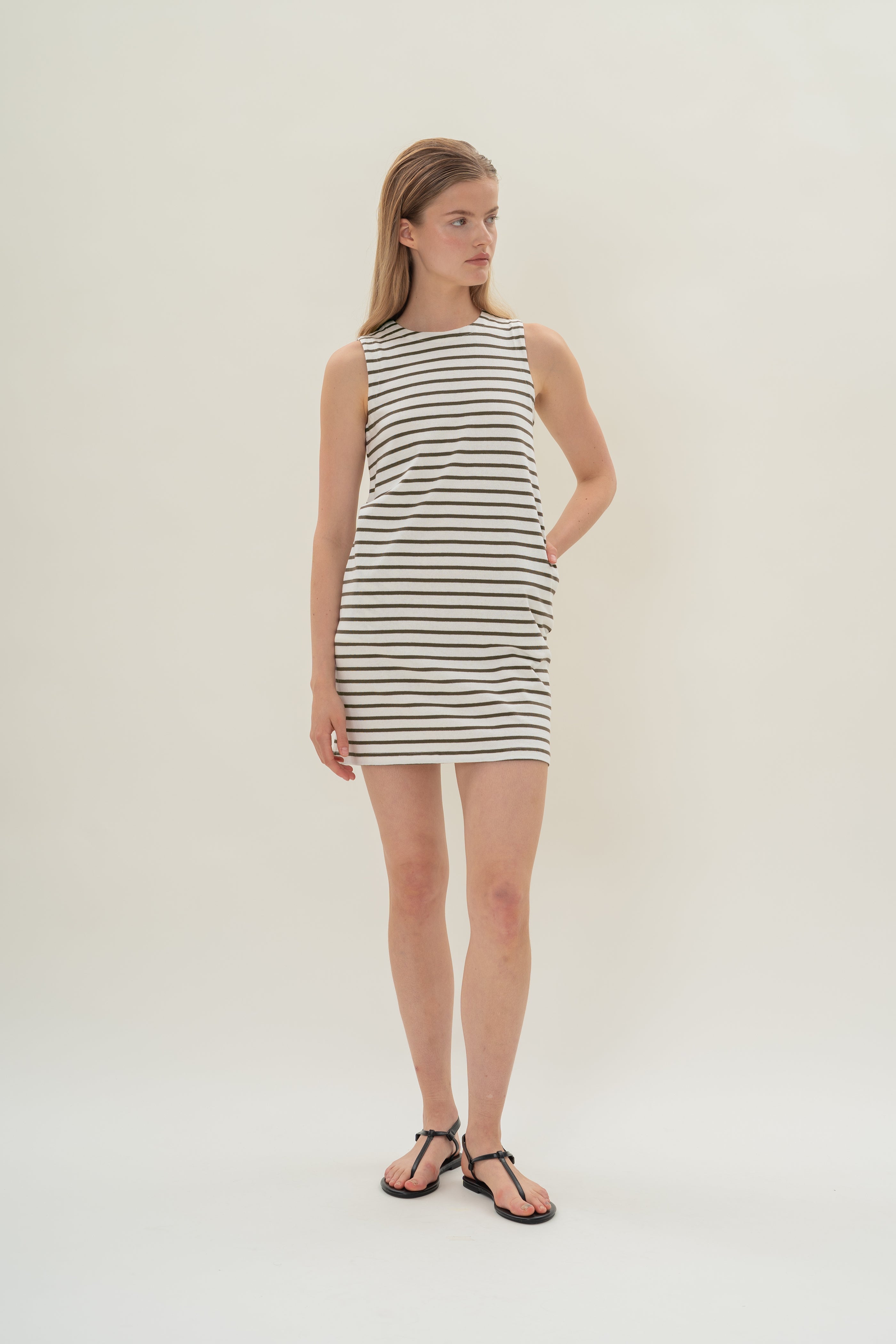 Sleeveless Cotton Jersey Dress in Stripe Olive