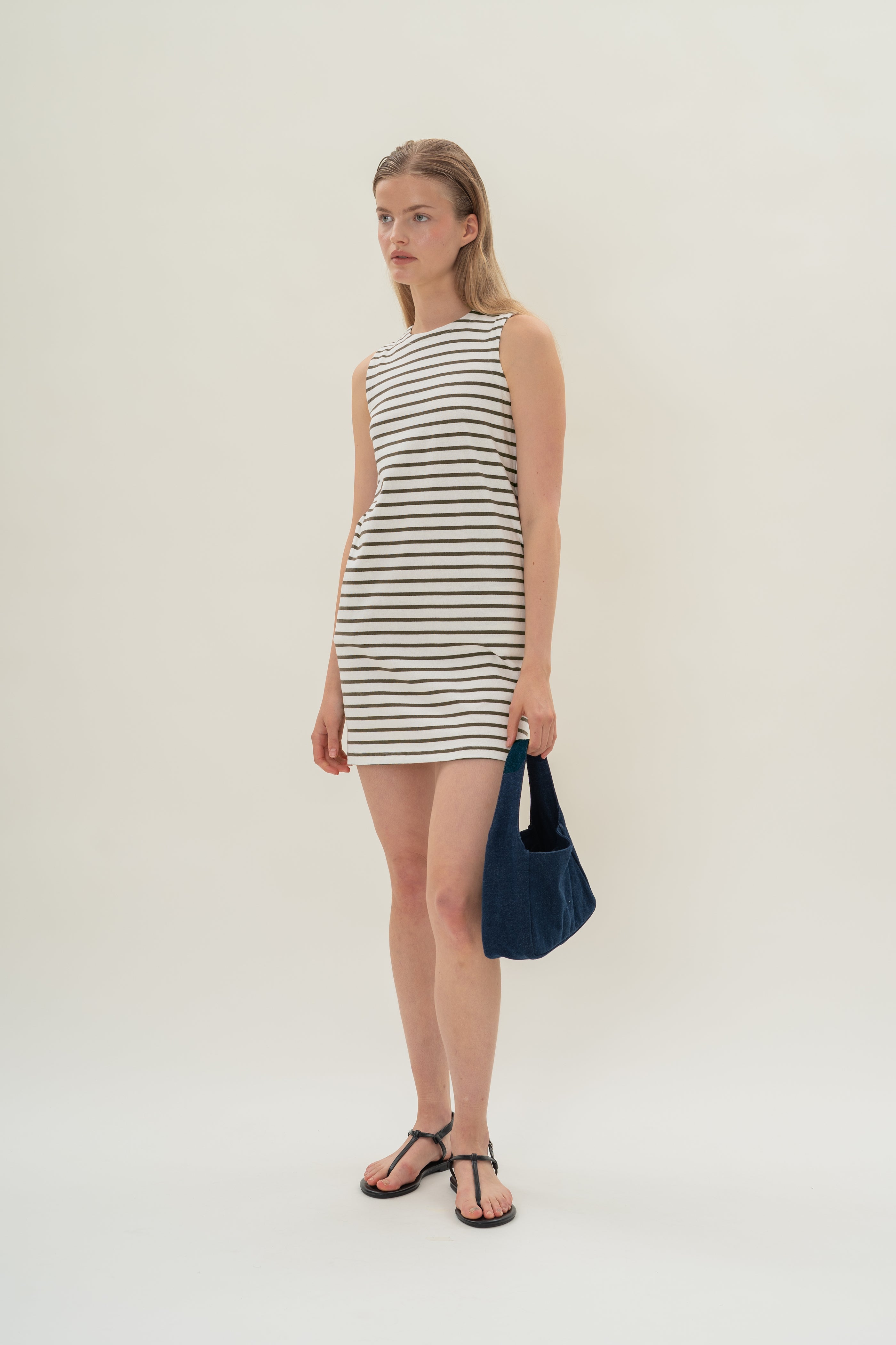 Sleeveless Cotton Jersey Dress in Stripe Olive