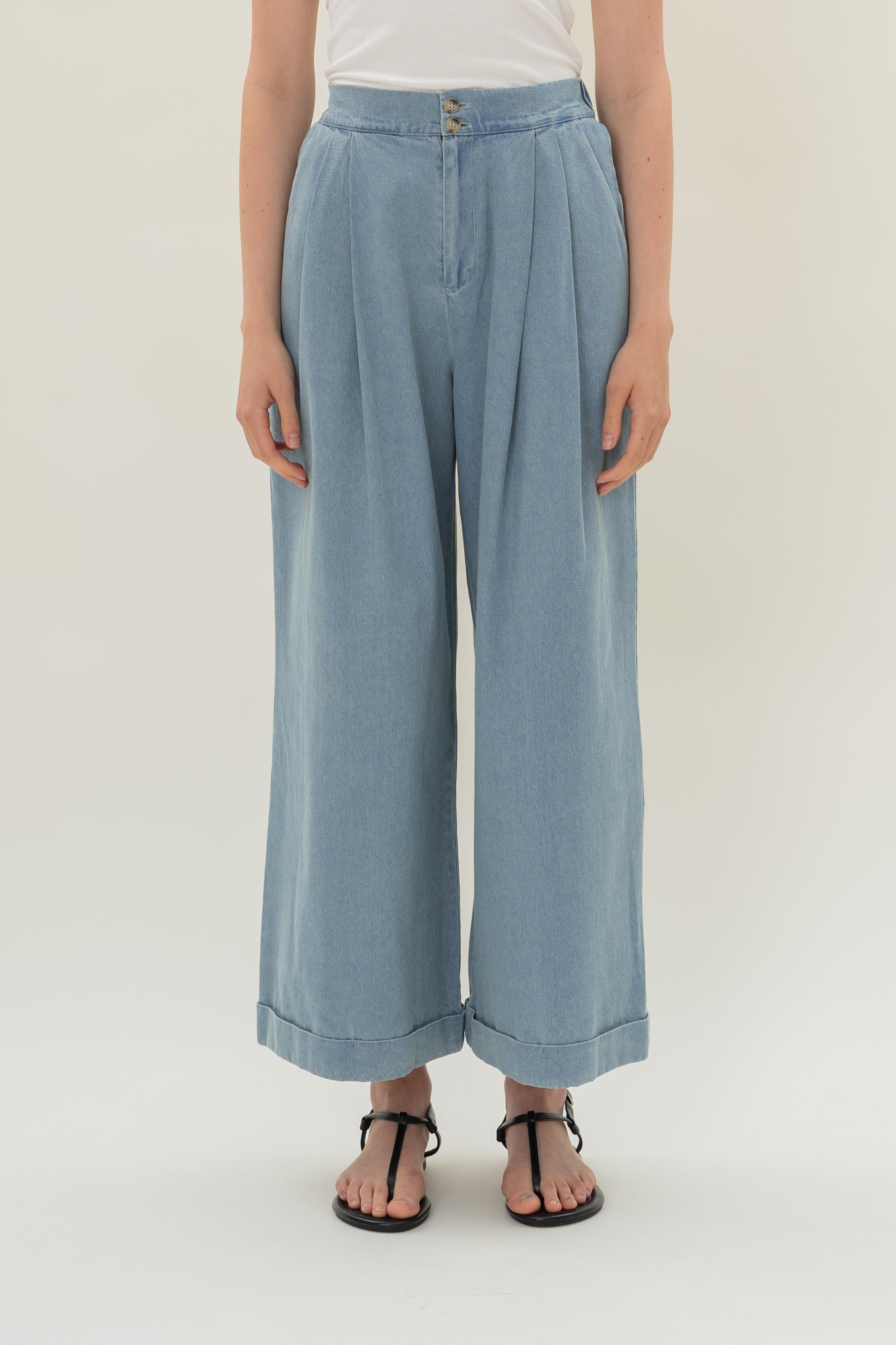 Wide-Leg Pleated Denim Pants in Light Wash