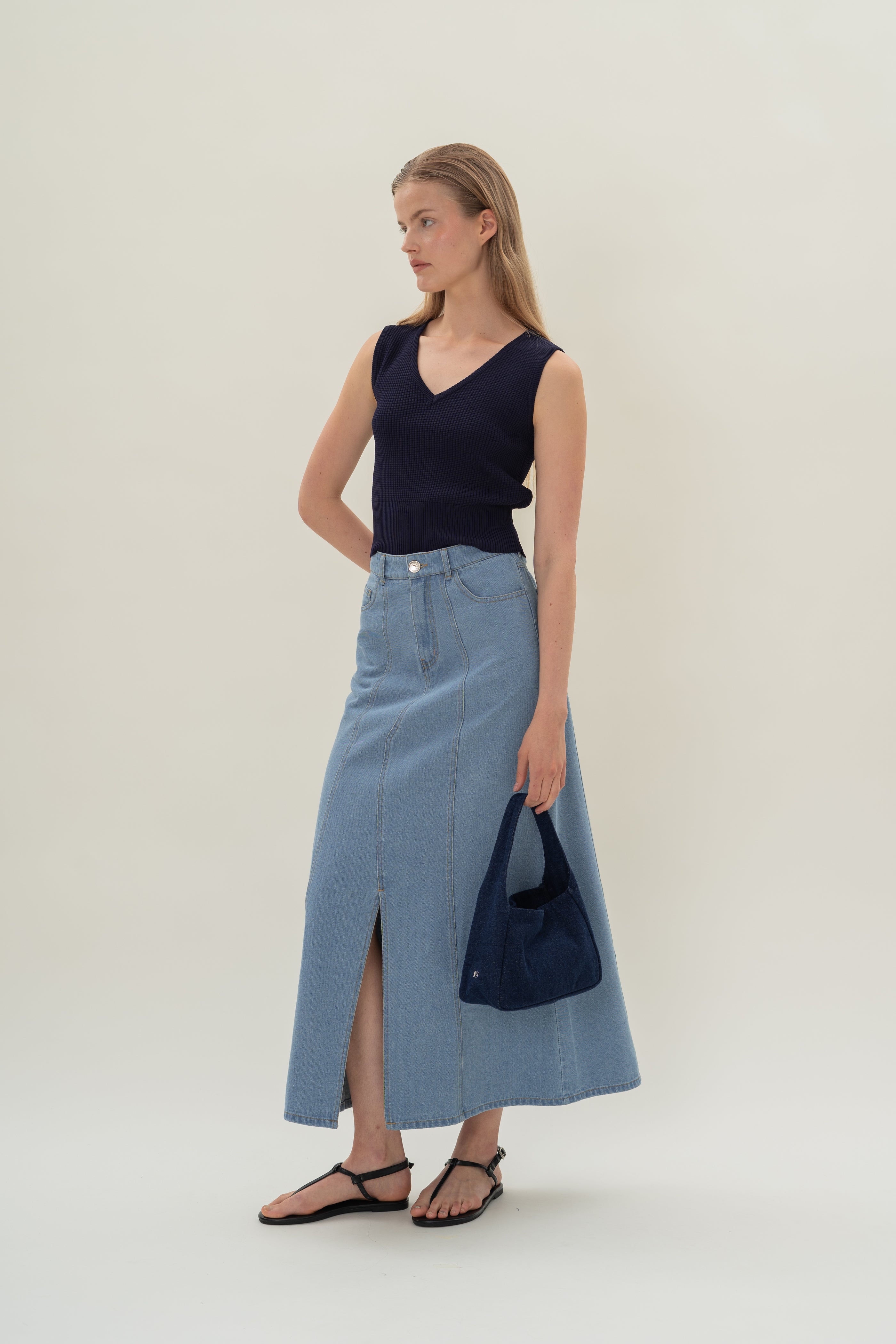 Denim Skirt with Front Slit in Light Wash