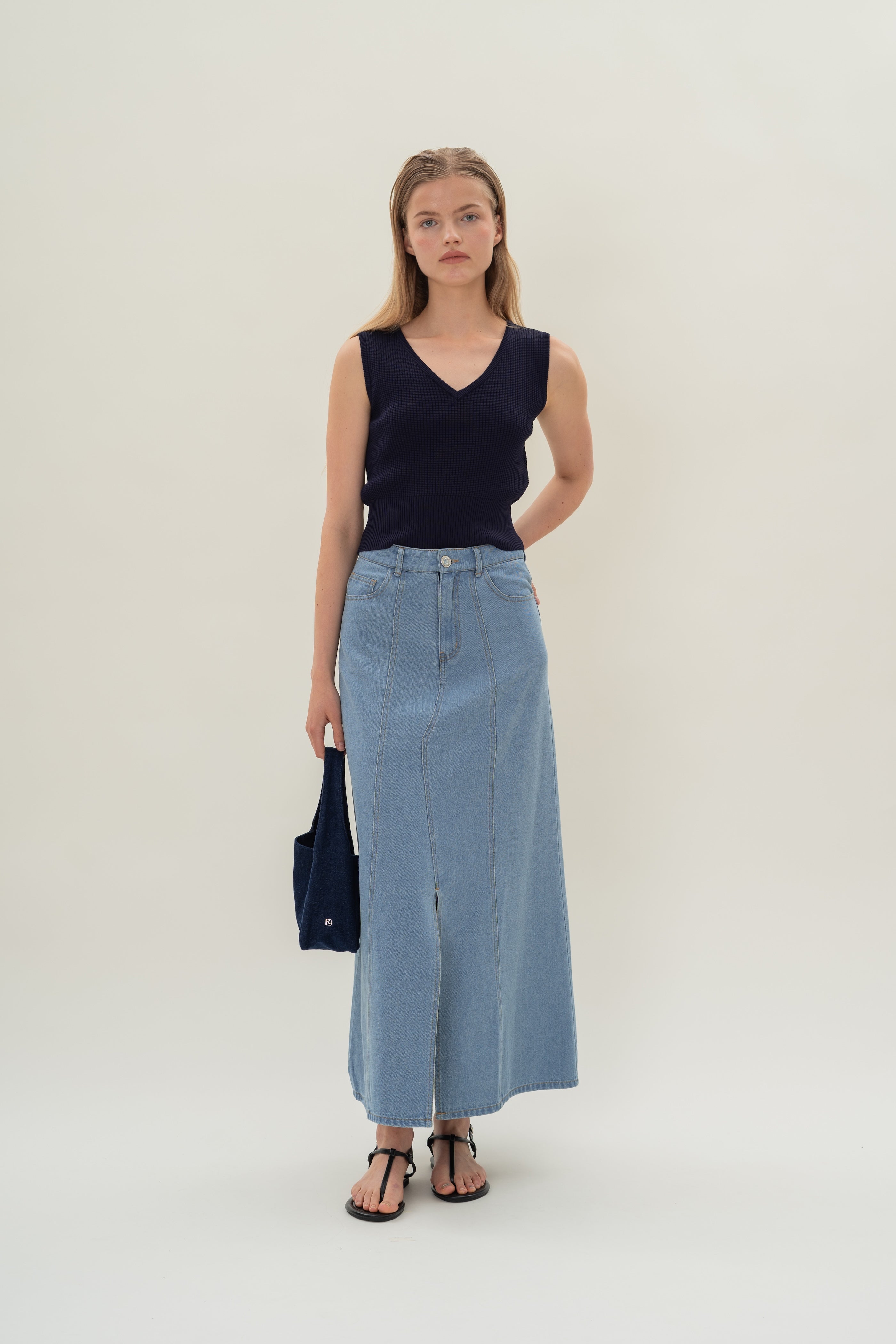 Denim Skirt with Front Slit in Light Wash