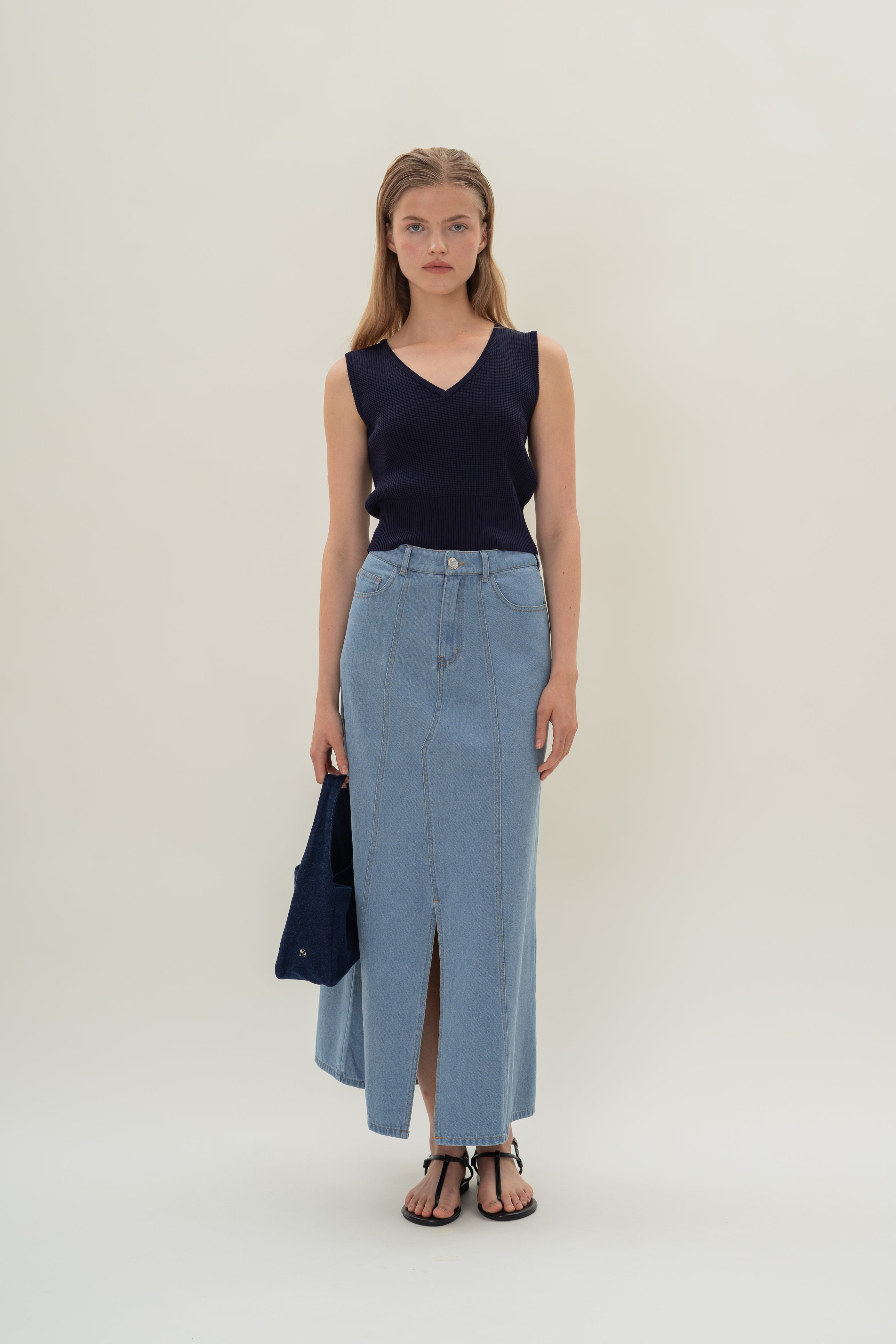 Denim Skirt with Front Slit in Light Wash