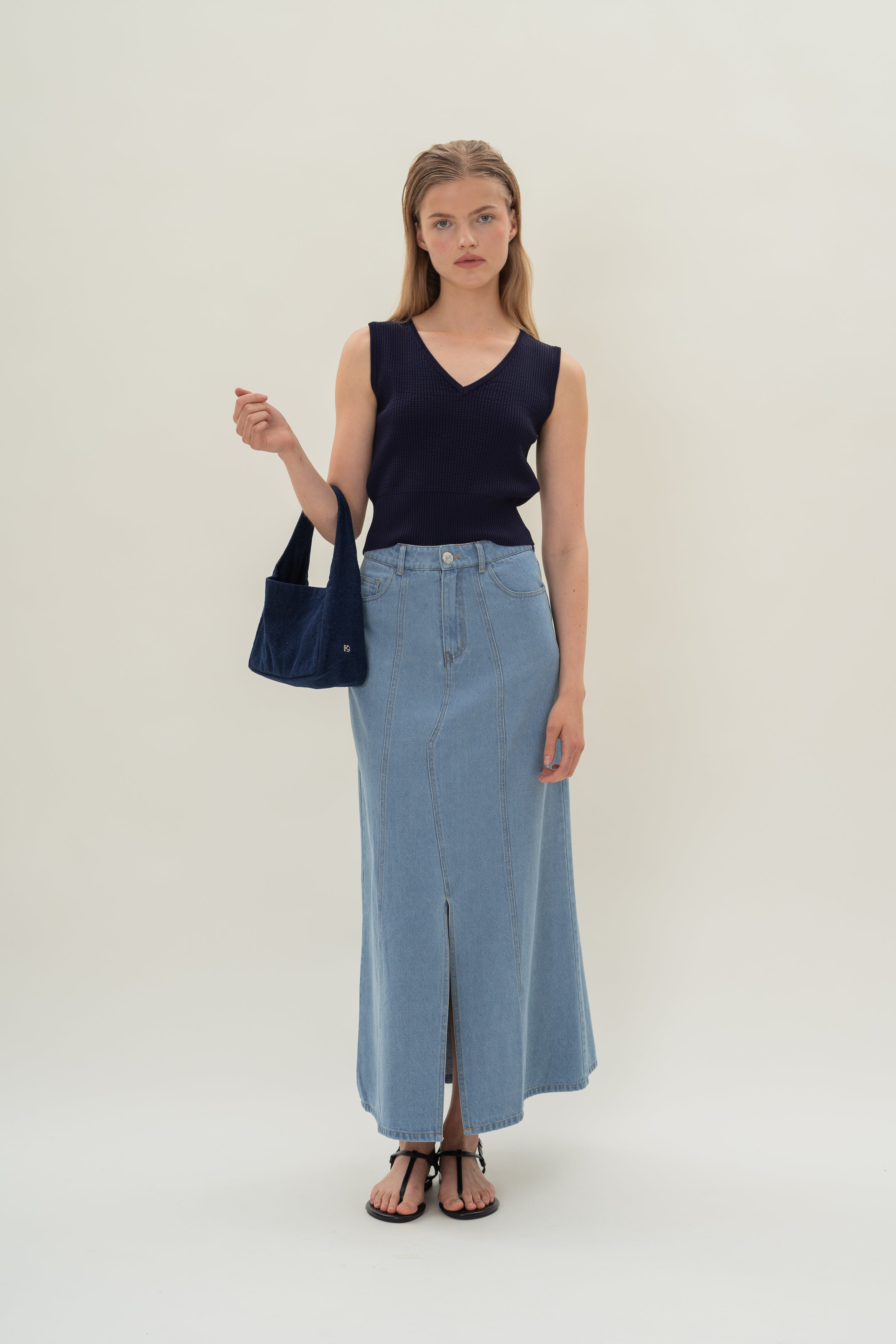 Denim Skirt with Front Slit in Light Wash