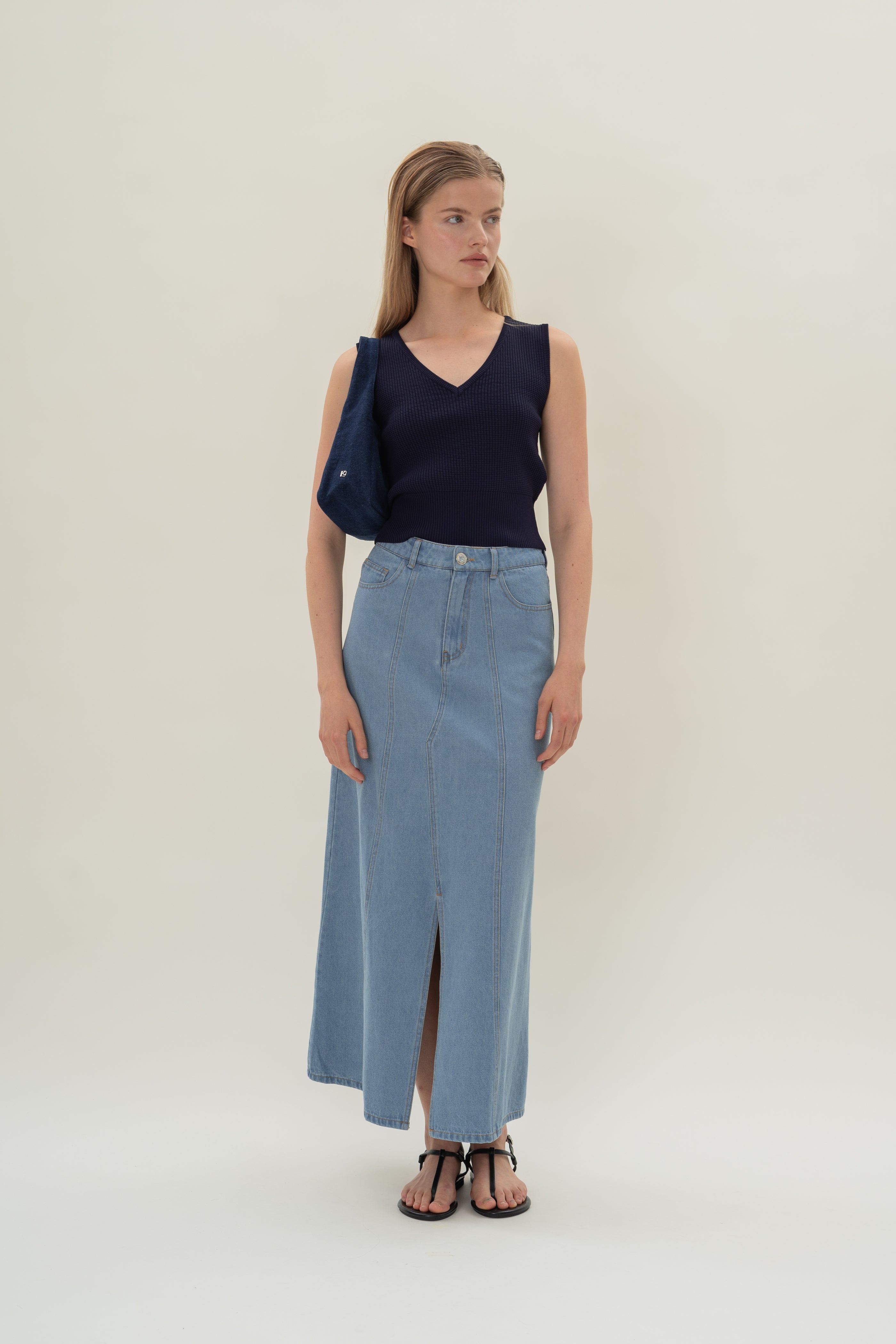 Denim Skirt with Front Slit in Light Wash