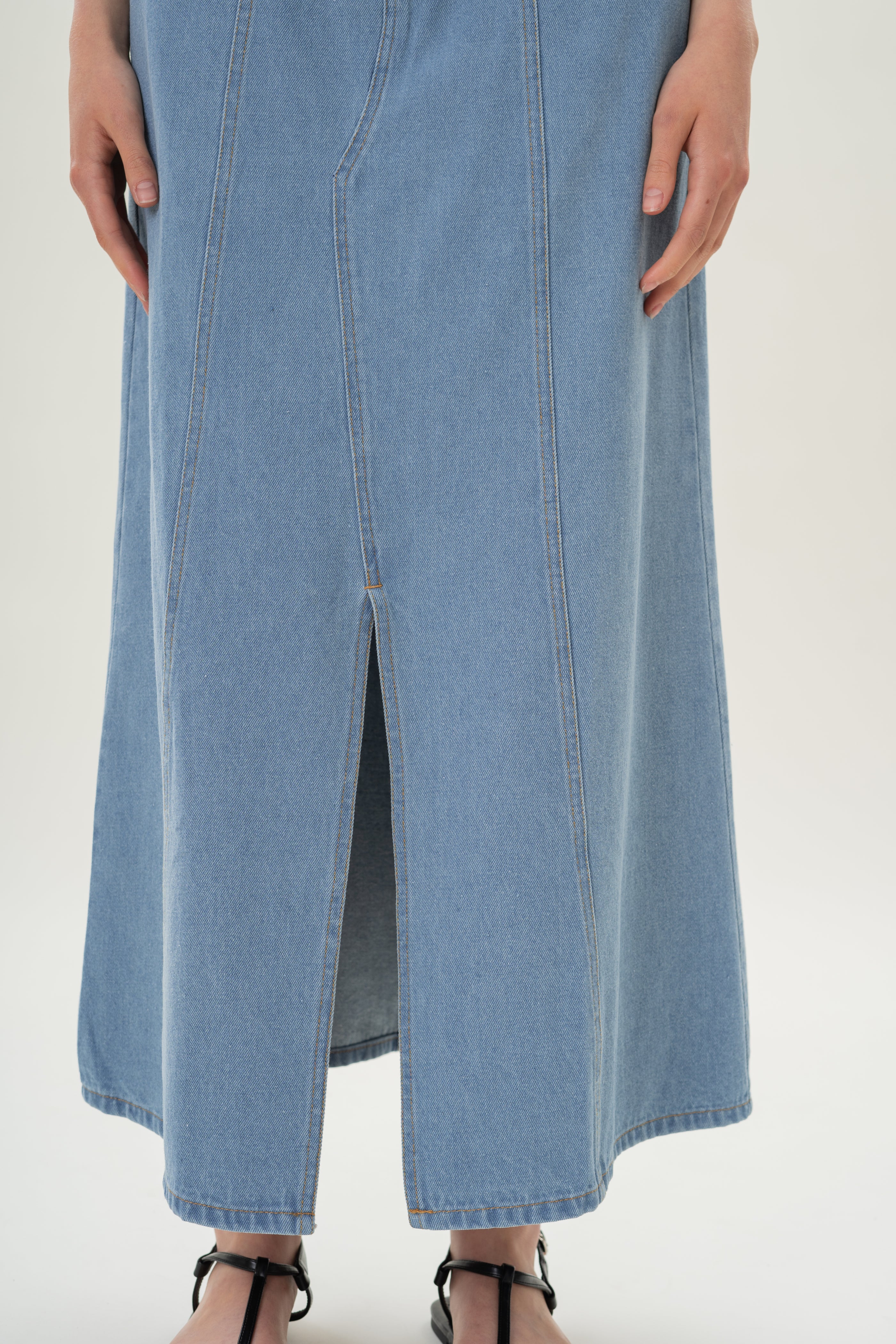 Denim Skirt with Front Slit in Light Wash