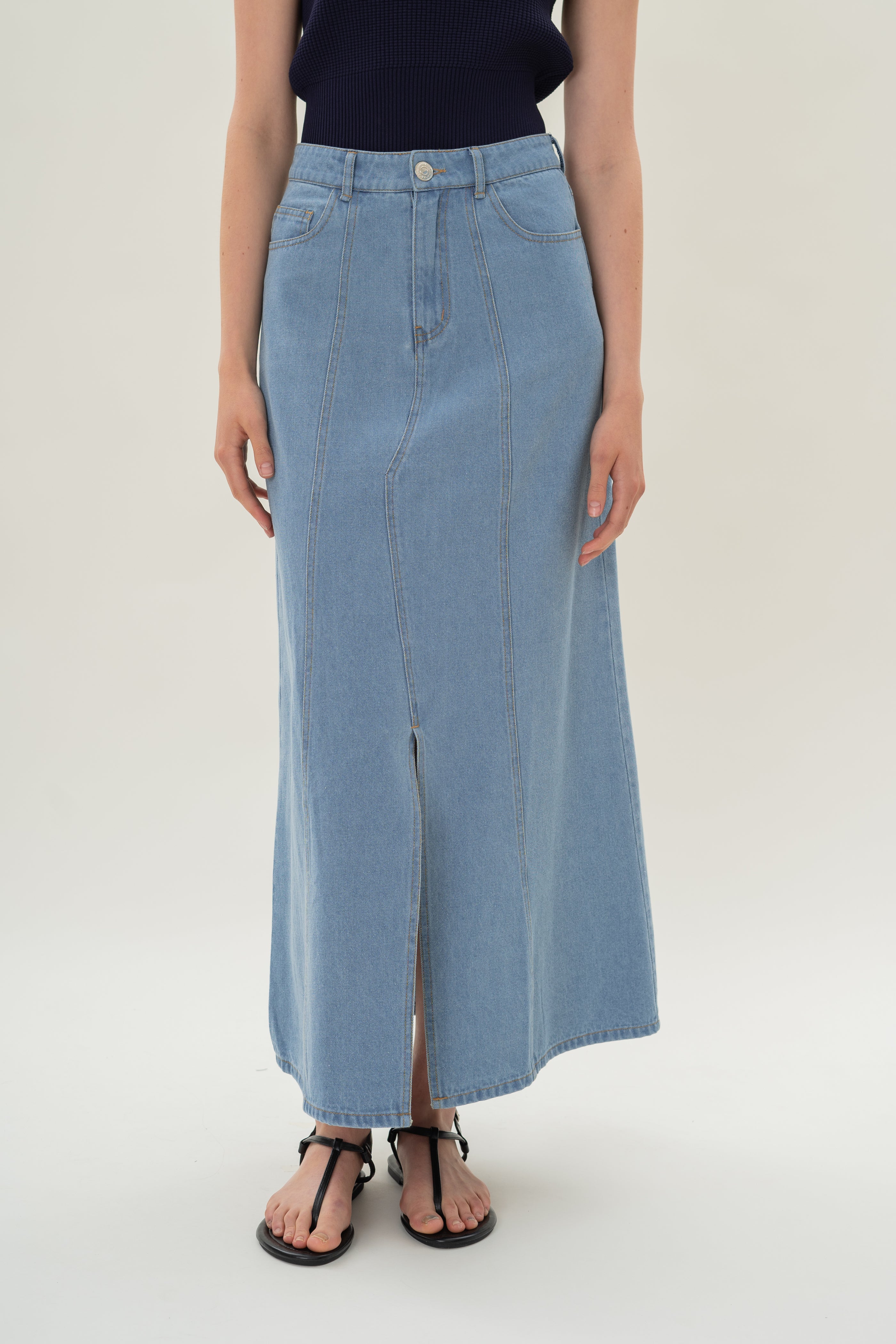 Denim Skirt with Front Slit in Light Wash