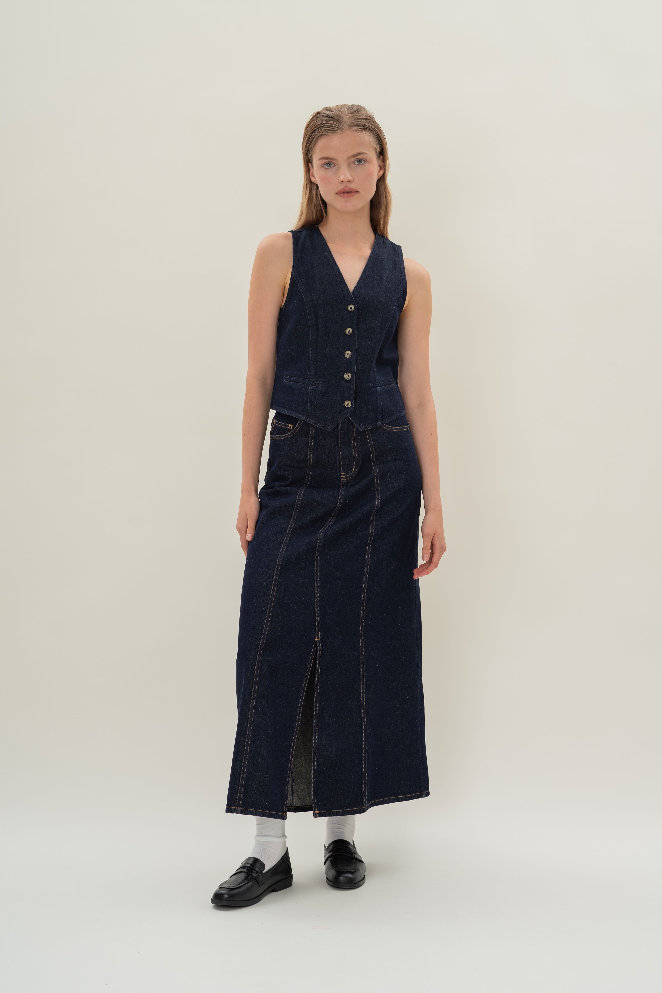 Denim Skirt with Front Slit in Dark Wash