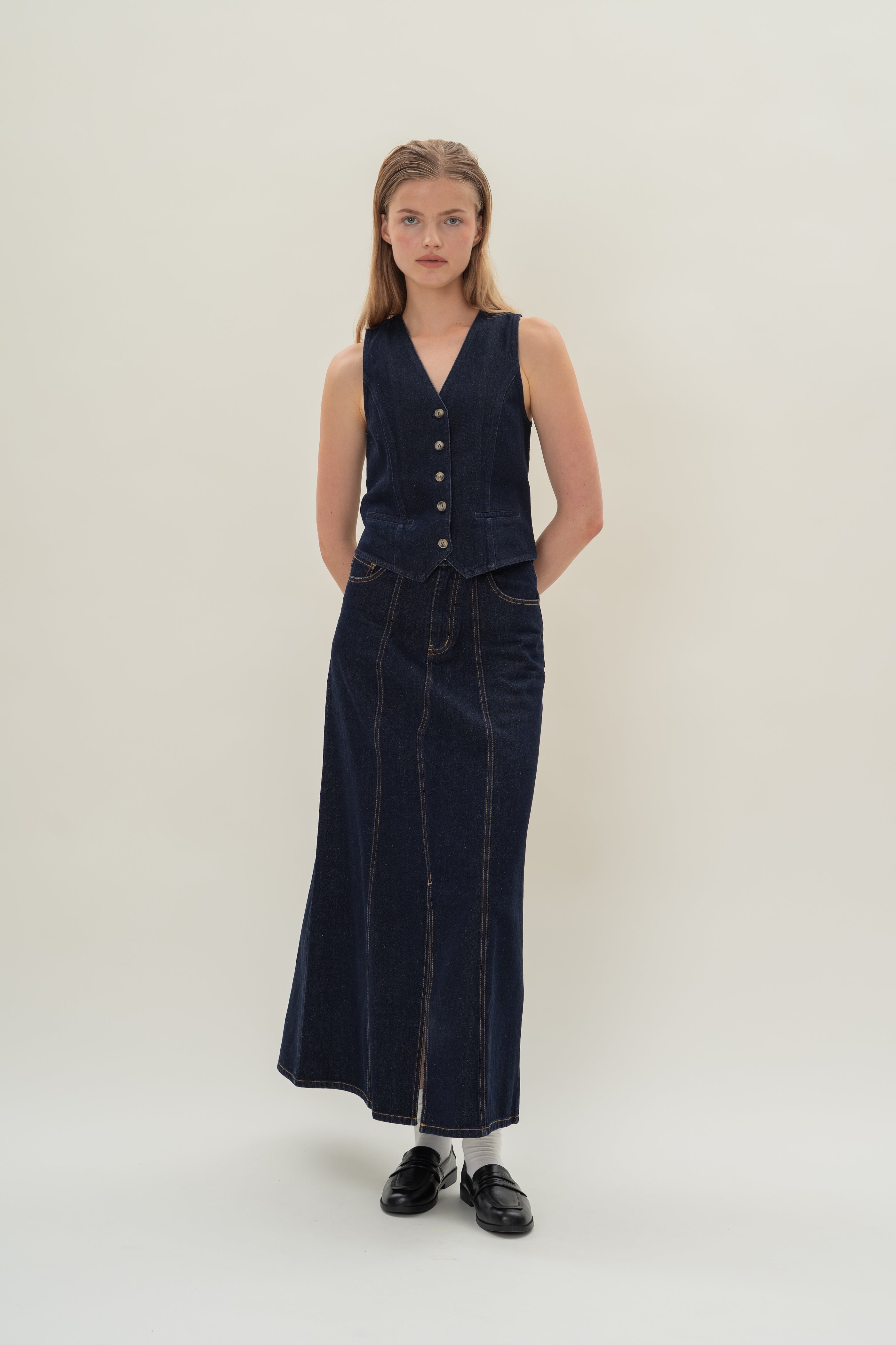 Denim Skirt with Front Slit in Dark Wash