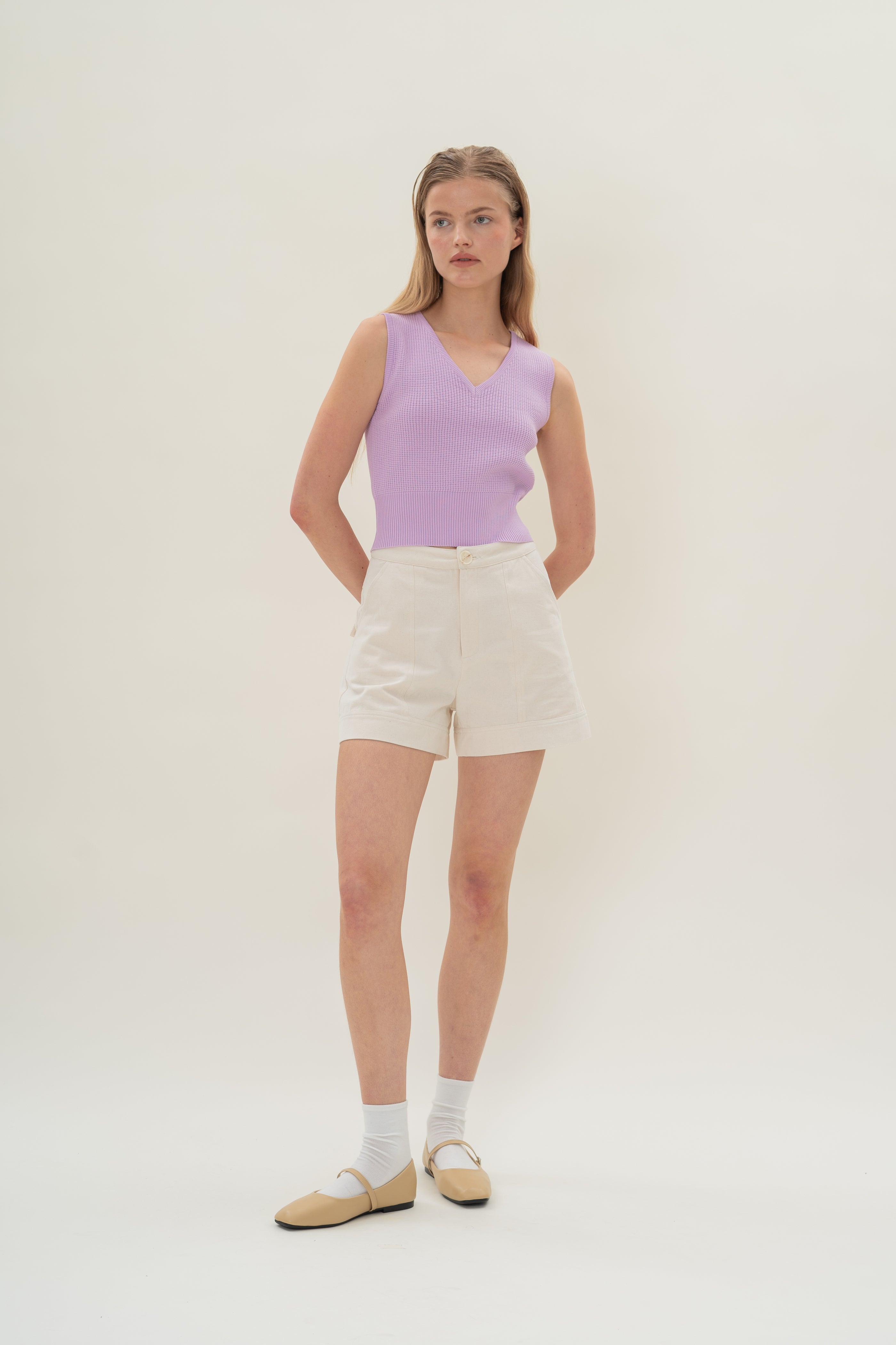 Denim Shorts with Seam Detailing in Natural