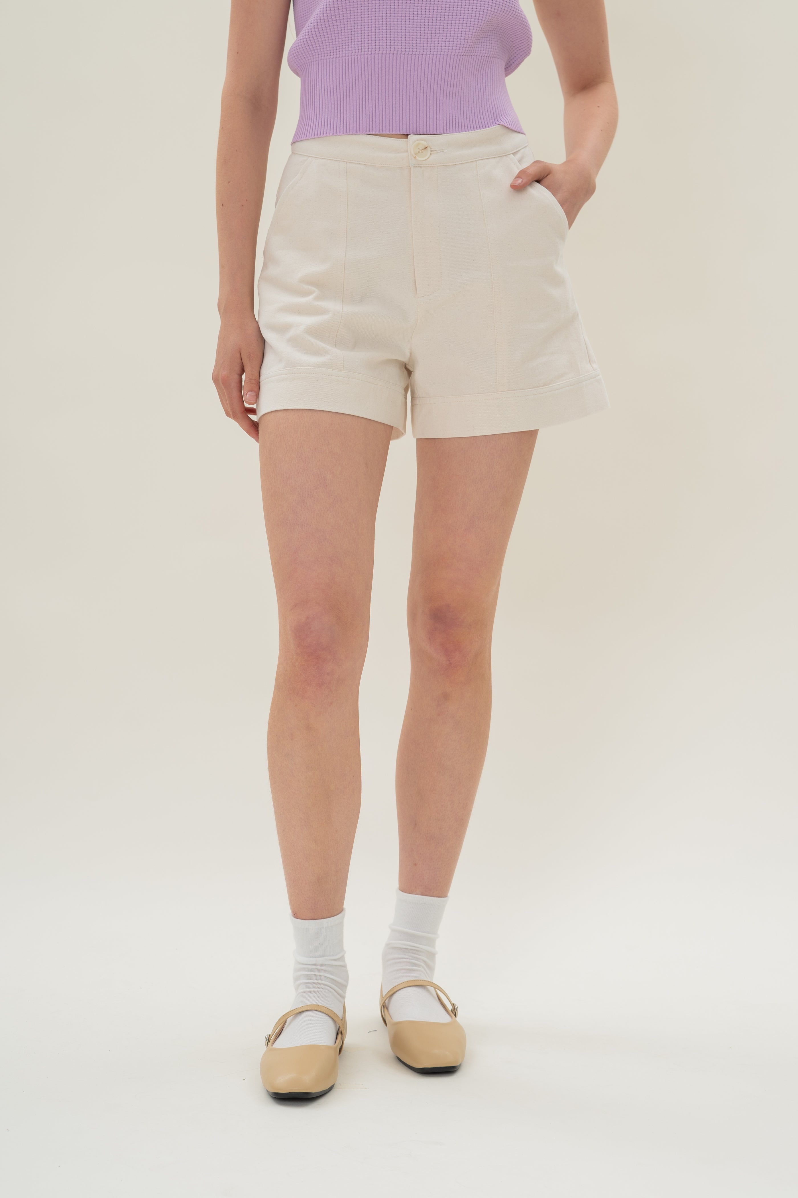 Denim Shorts with Seam Detailing in Natural