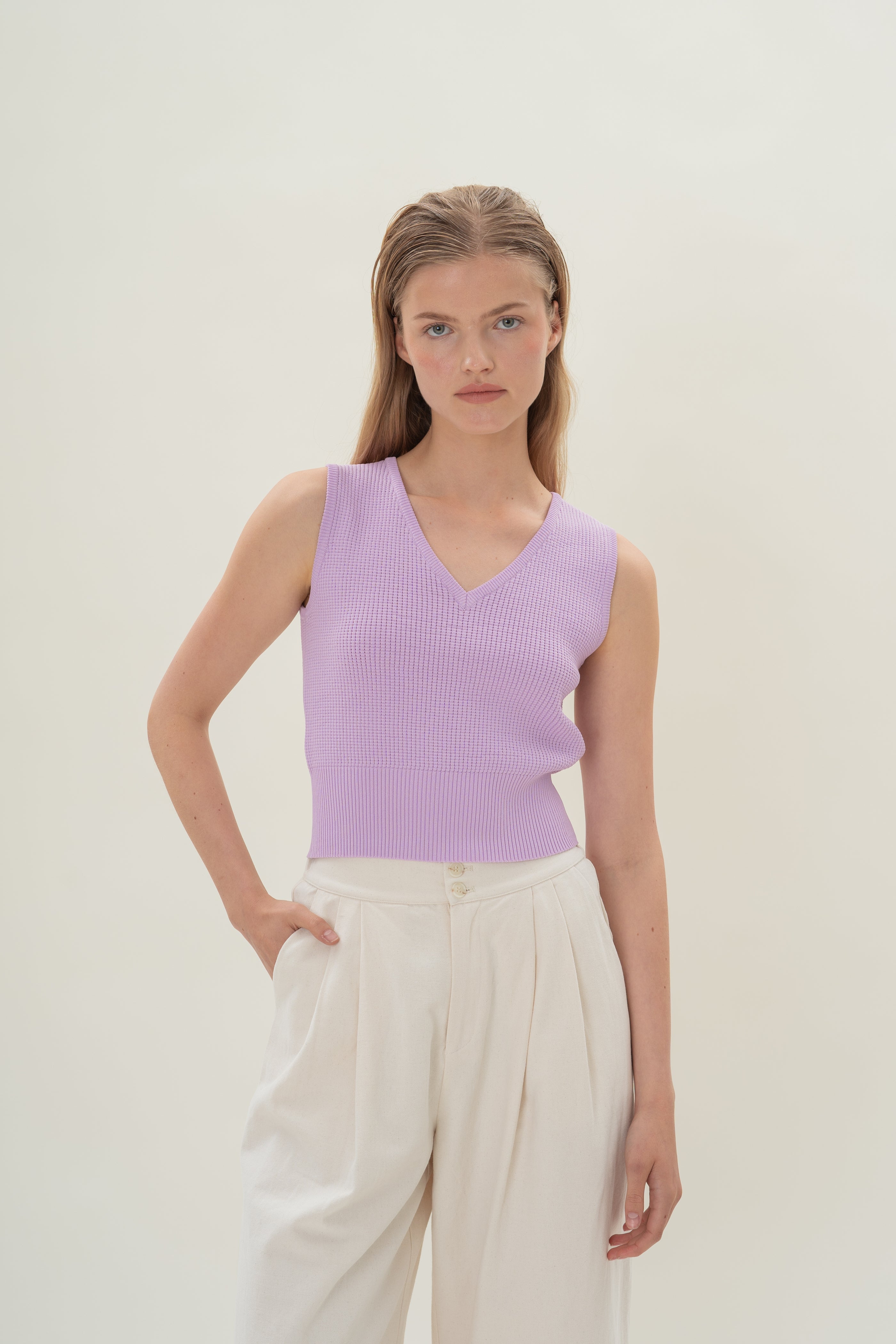 Waffle Knit Cropped Top in Lilac