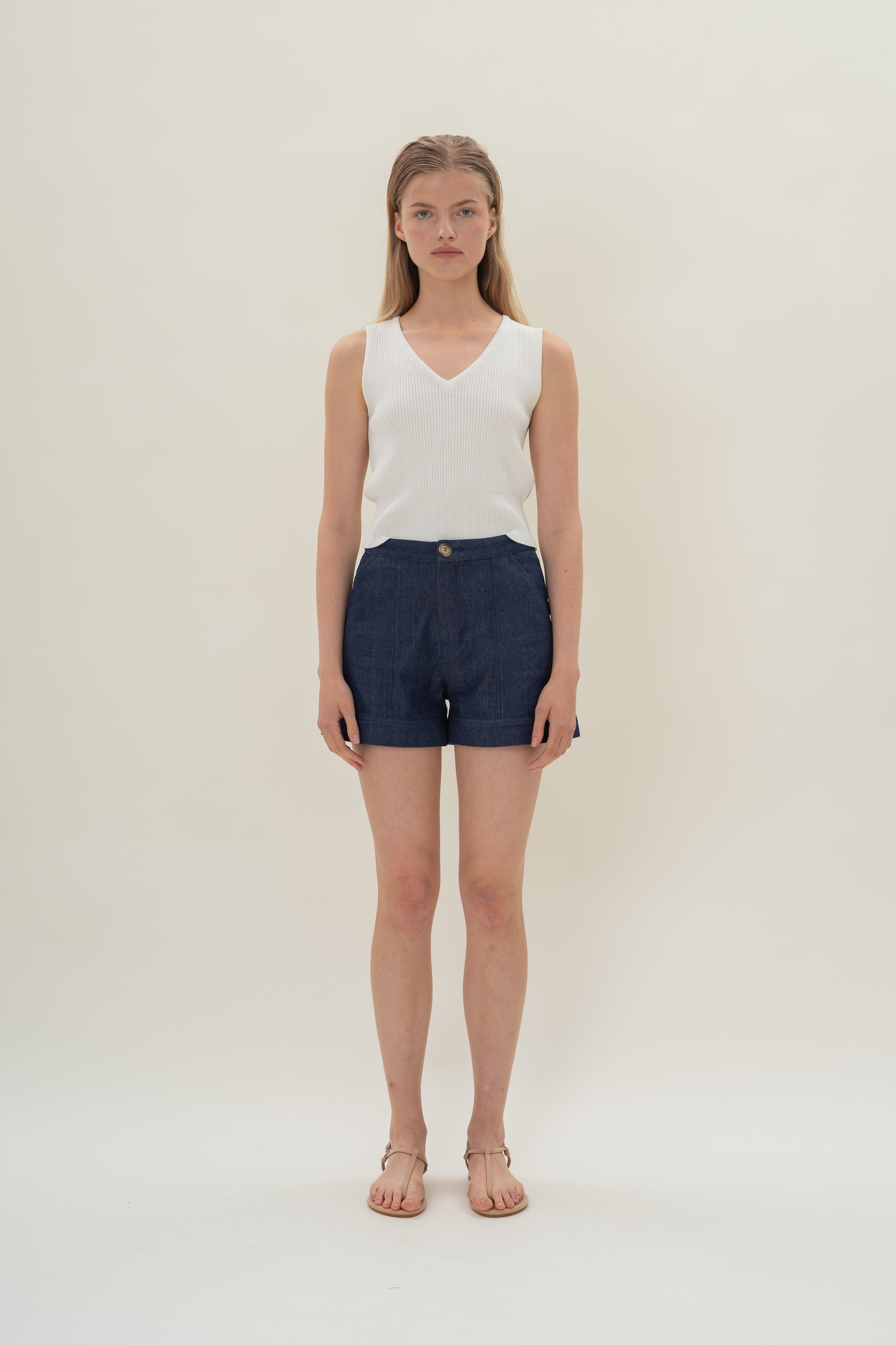 Denim Shorts with Seam Detailing in Mid Blue