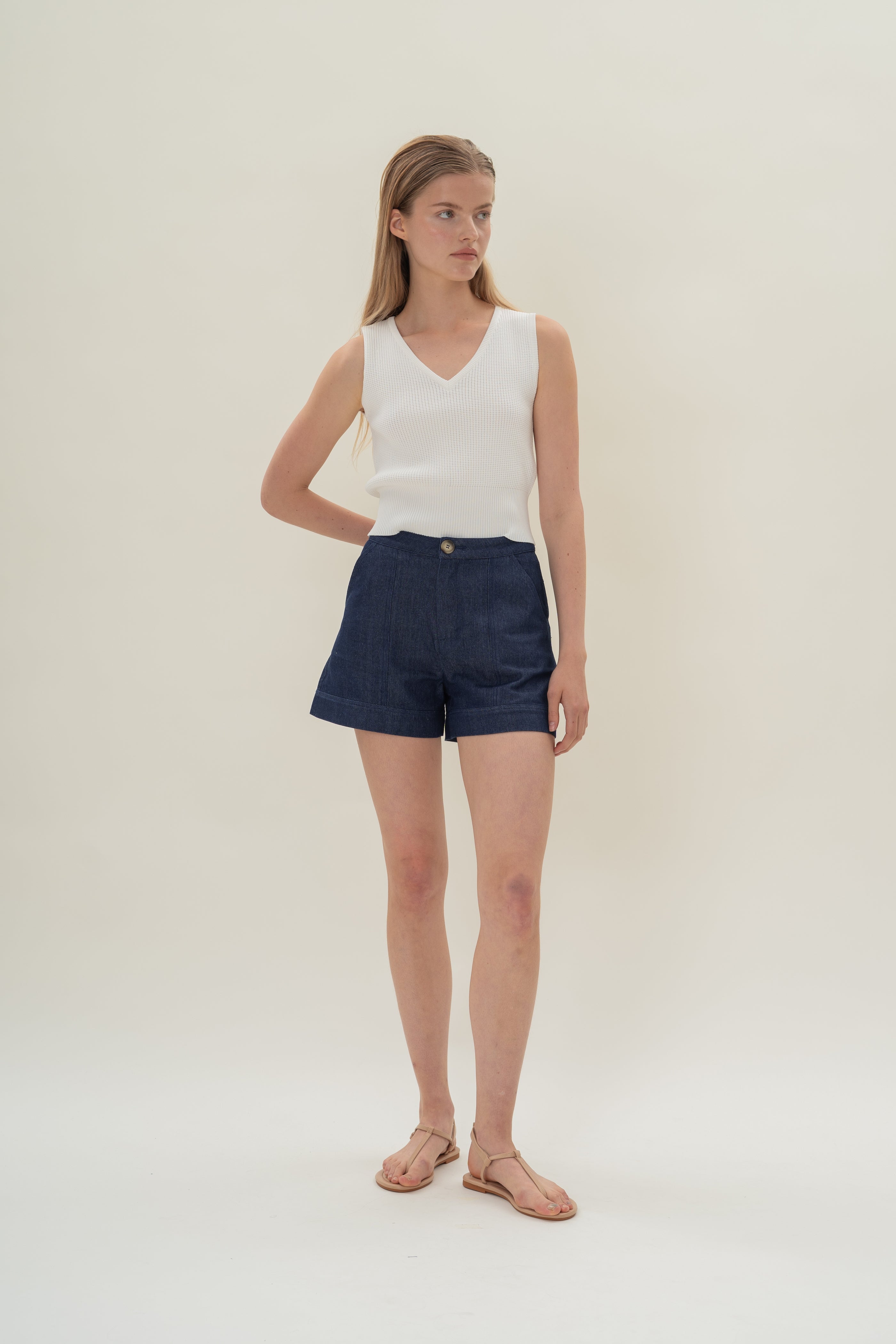 Denim Shorts with Seam Detailing in Mid Blue