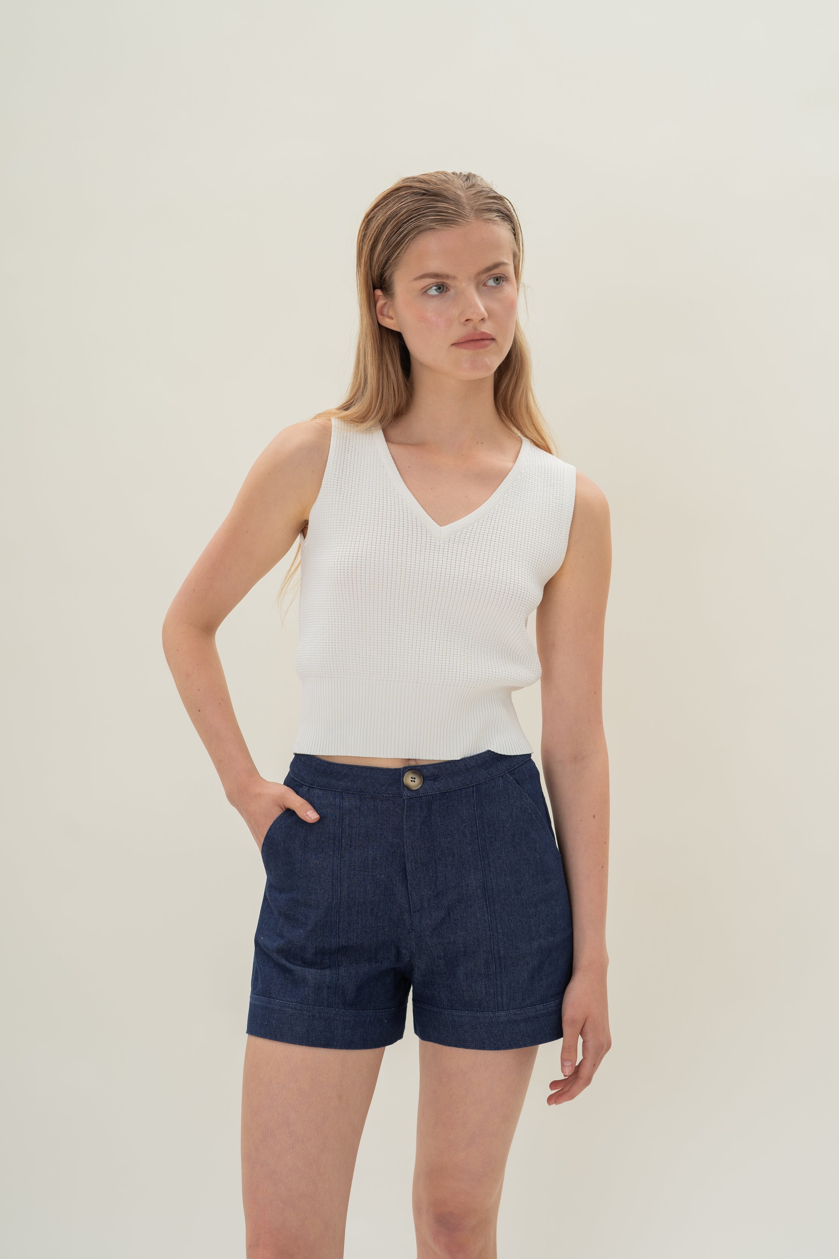 Denim Shorts with Seam Detailing in Mid Blue