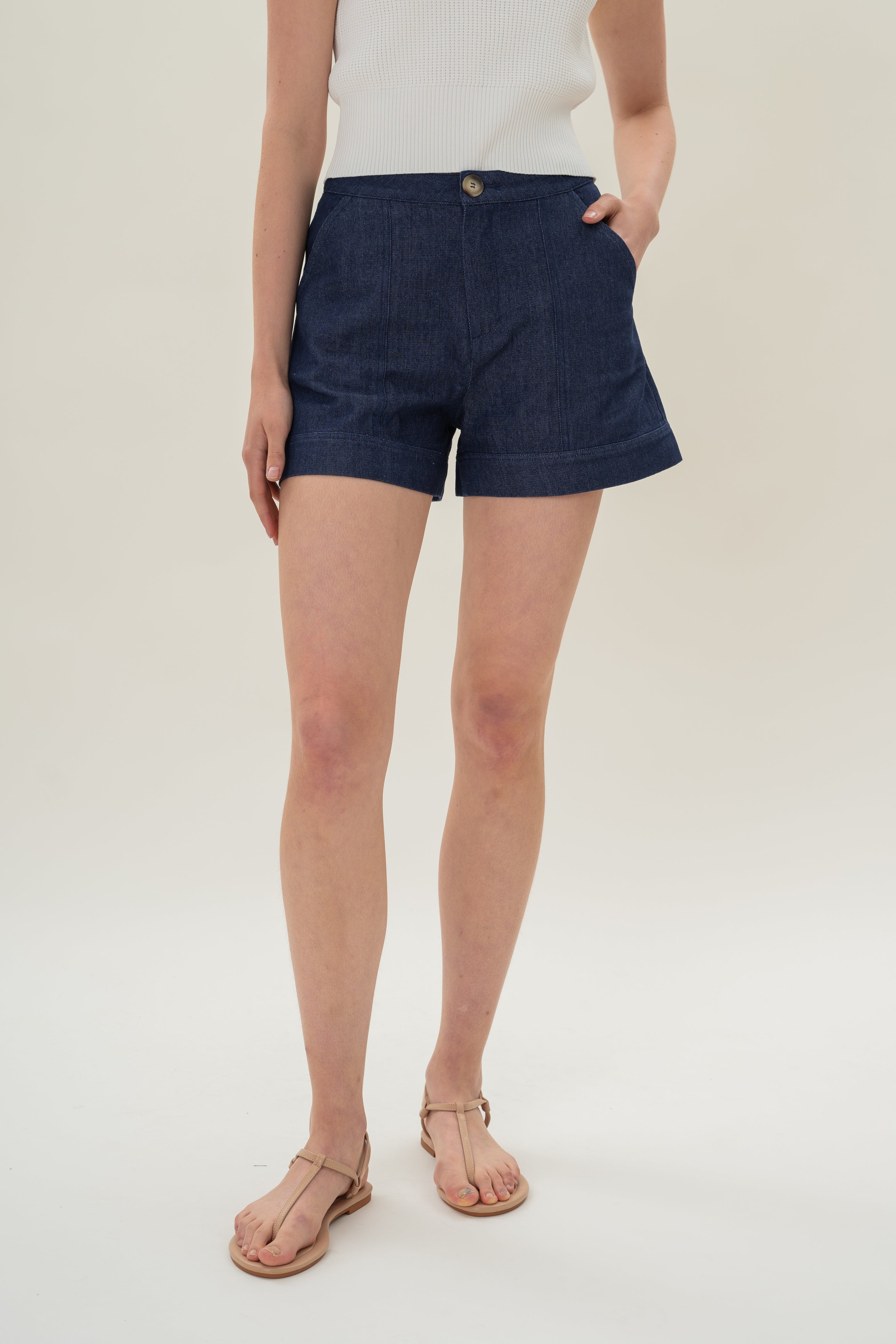 Denim Shorts with Seam Detailing in Mid Blue