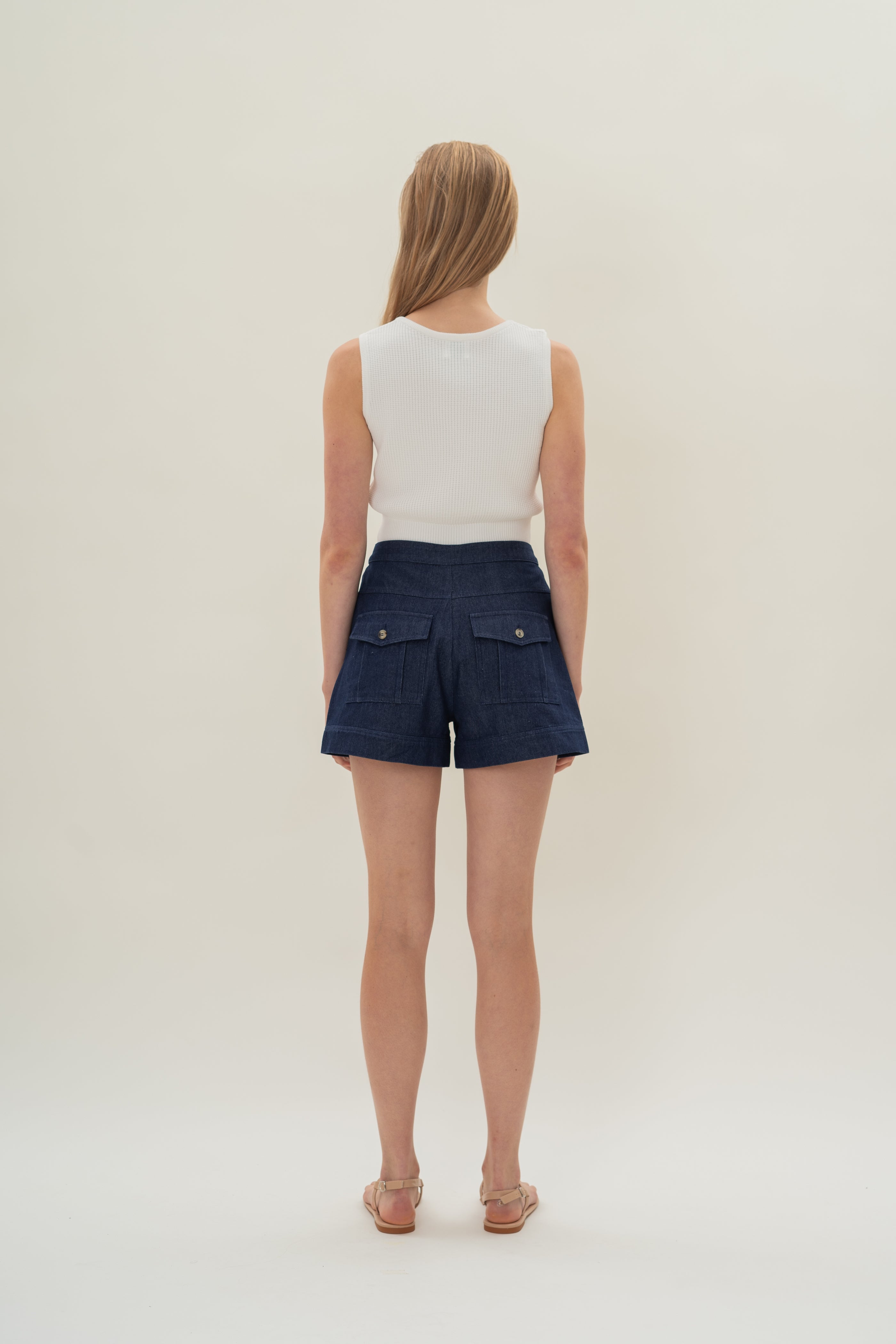 Denim Shorts with Seam Detailing in Mid Blue