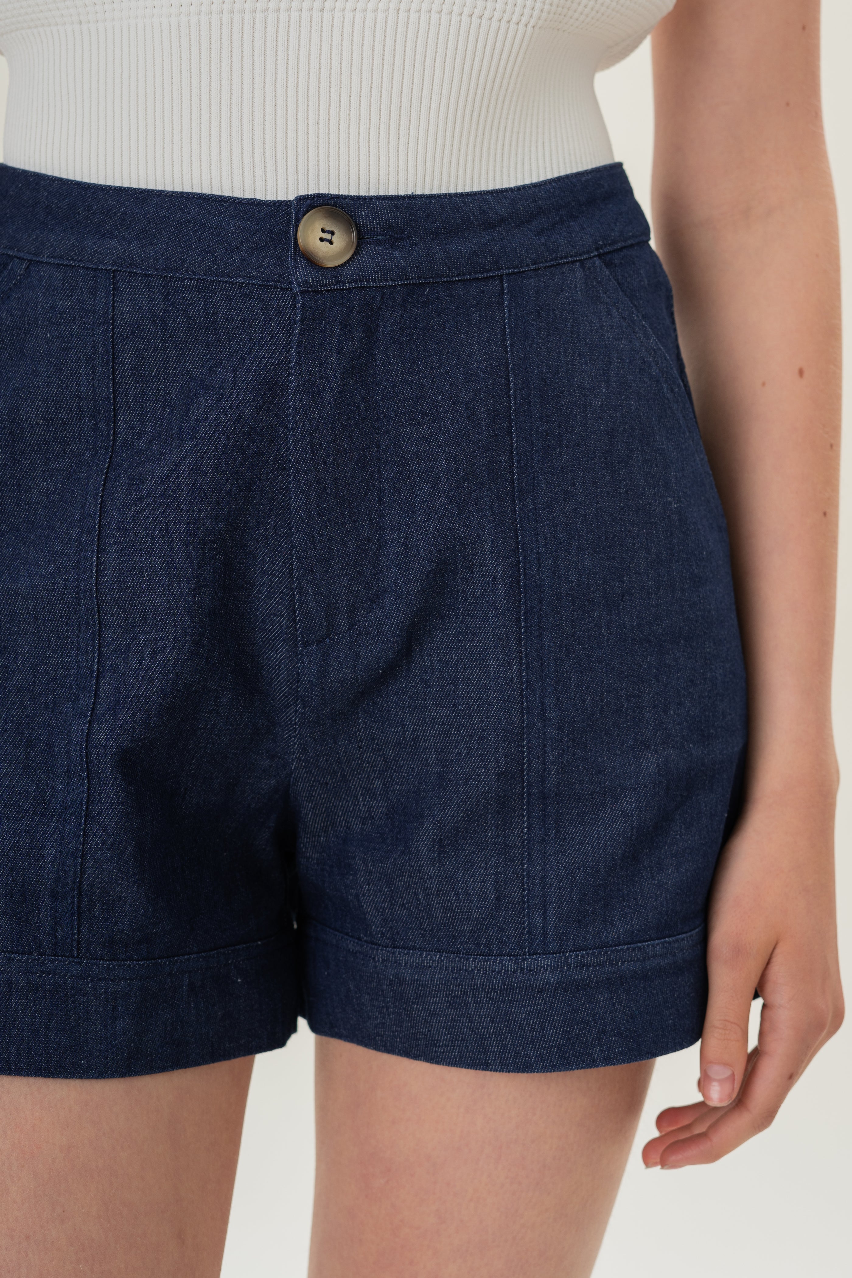 Denim Shorts with Seam Detailing in Mid Blue