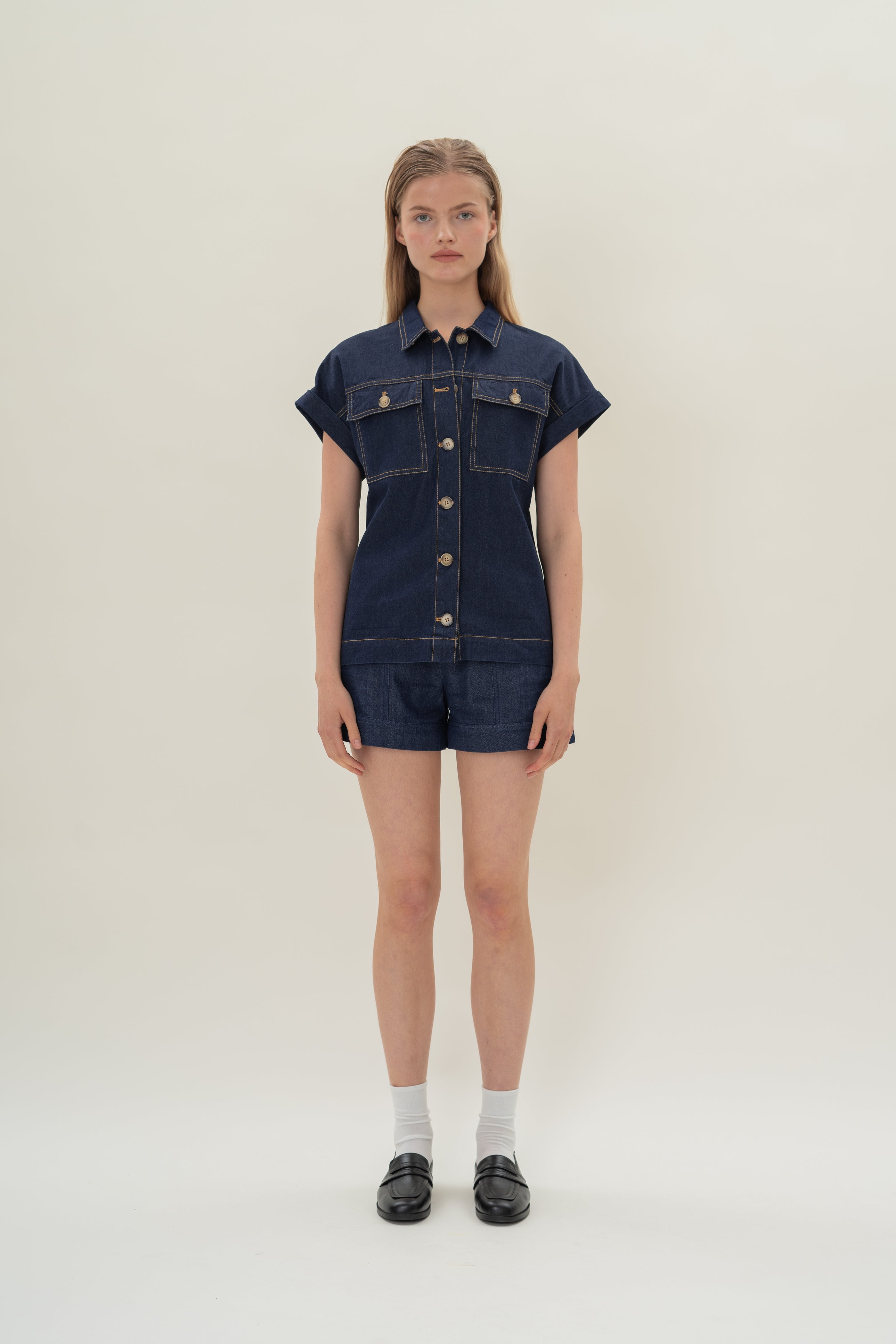 Denim Button Shirt Top in Dark Wash