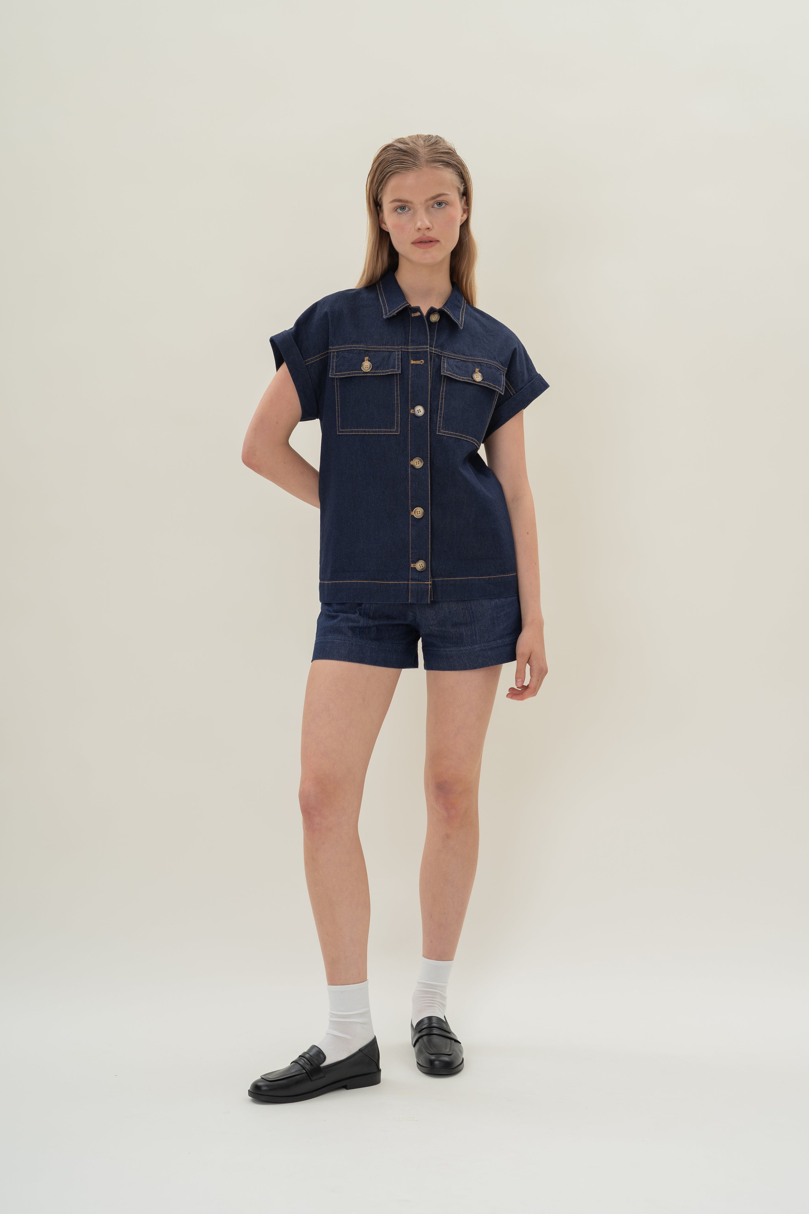 Denim Button Shirt Top in Dark Wash