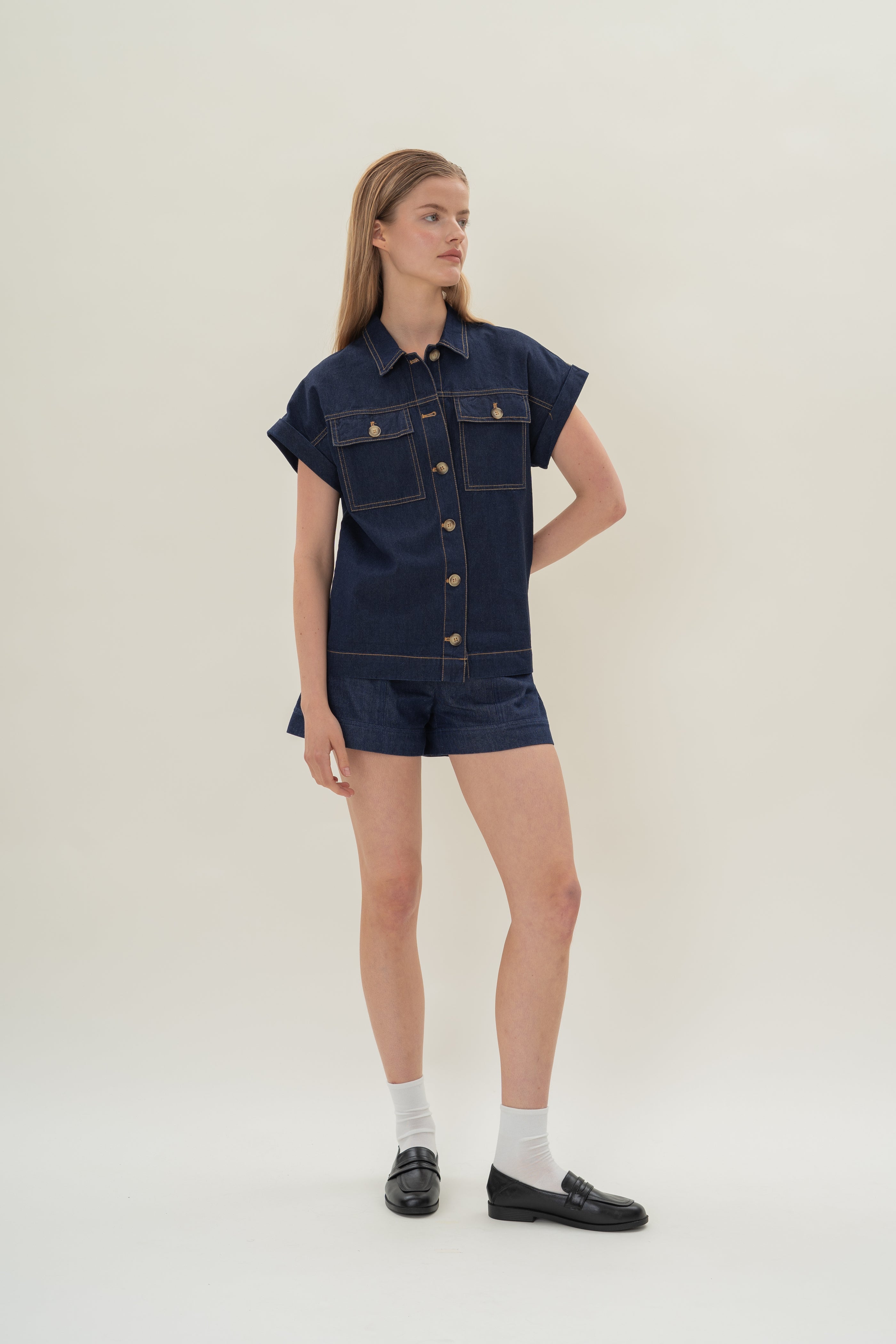 Denim Button Shirt Top in Dark Wash