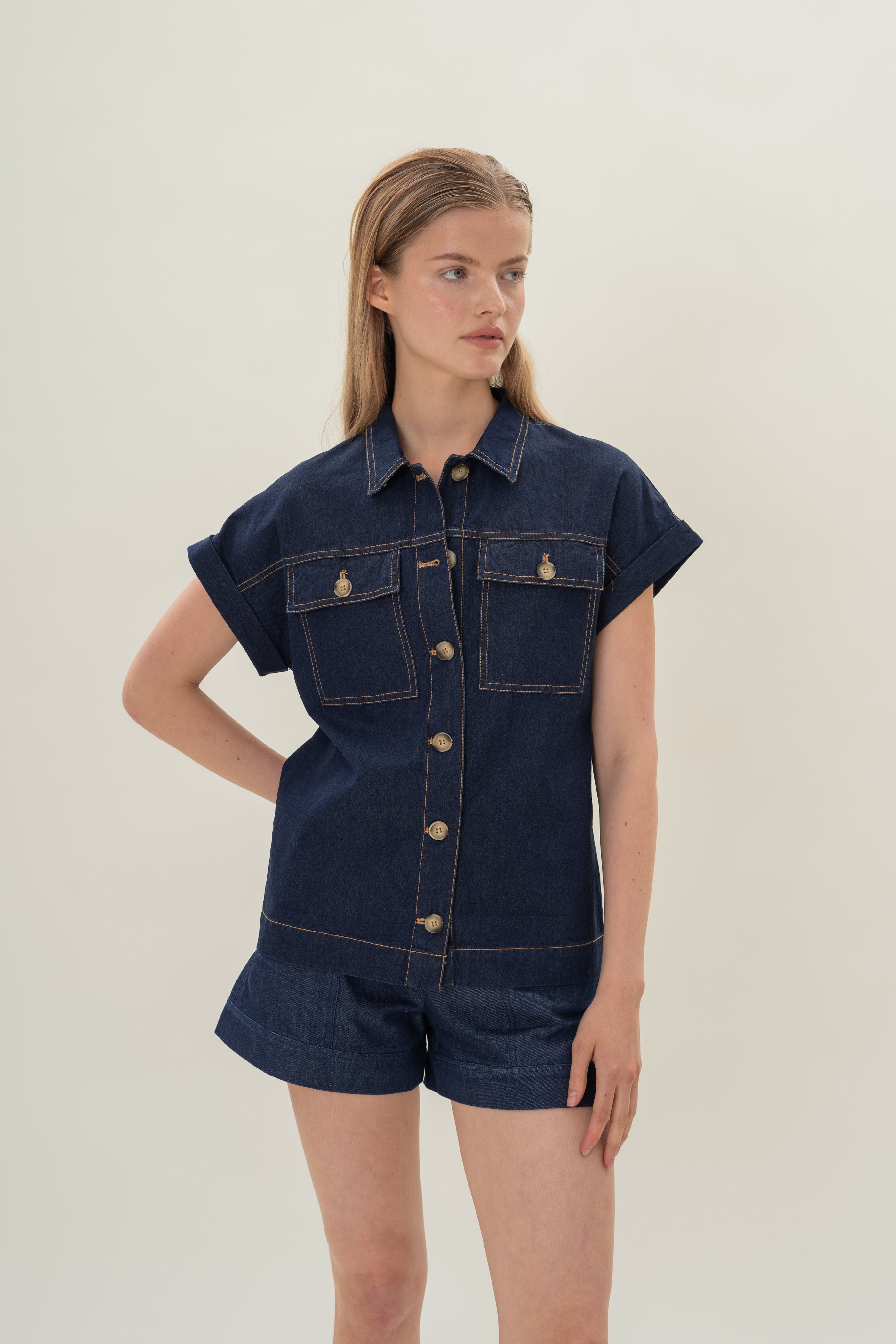 Denim Button Shirt Top in Dark Wash