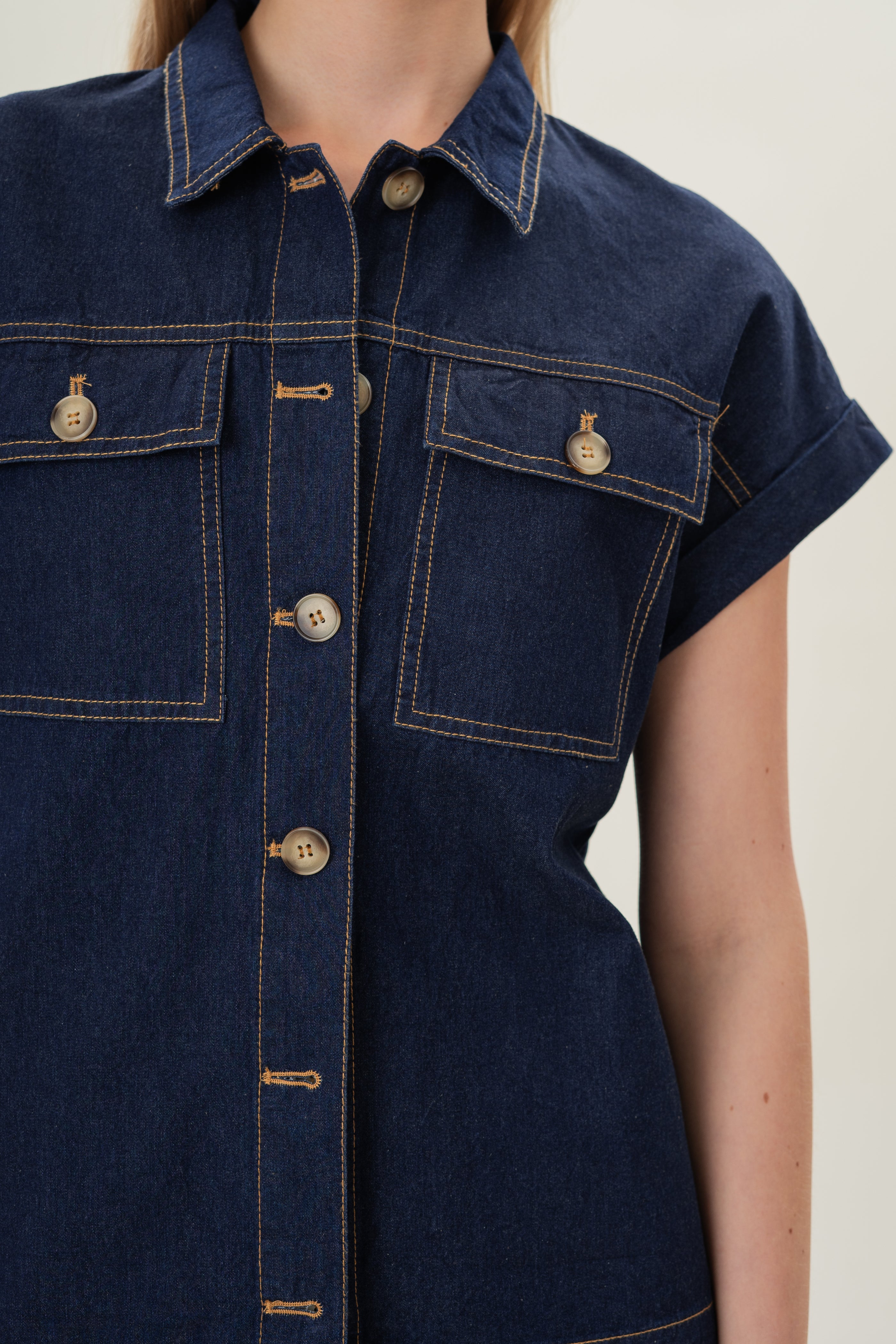 Denim Button Shirt Top in Dark Wash