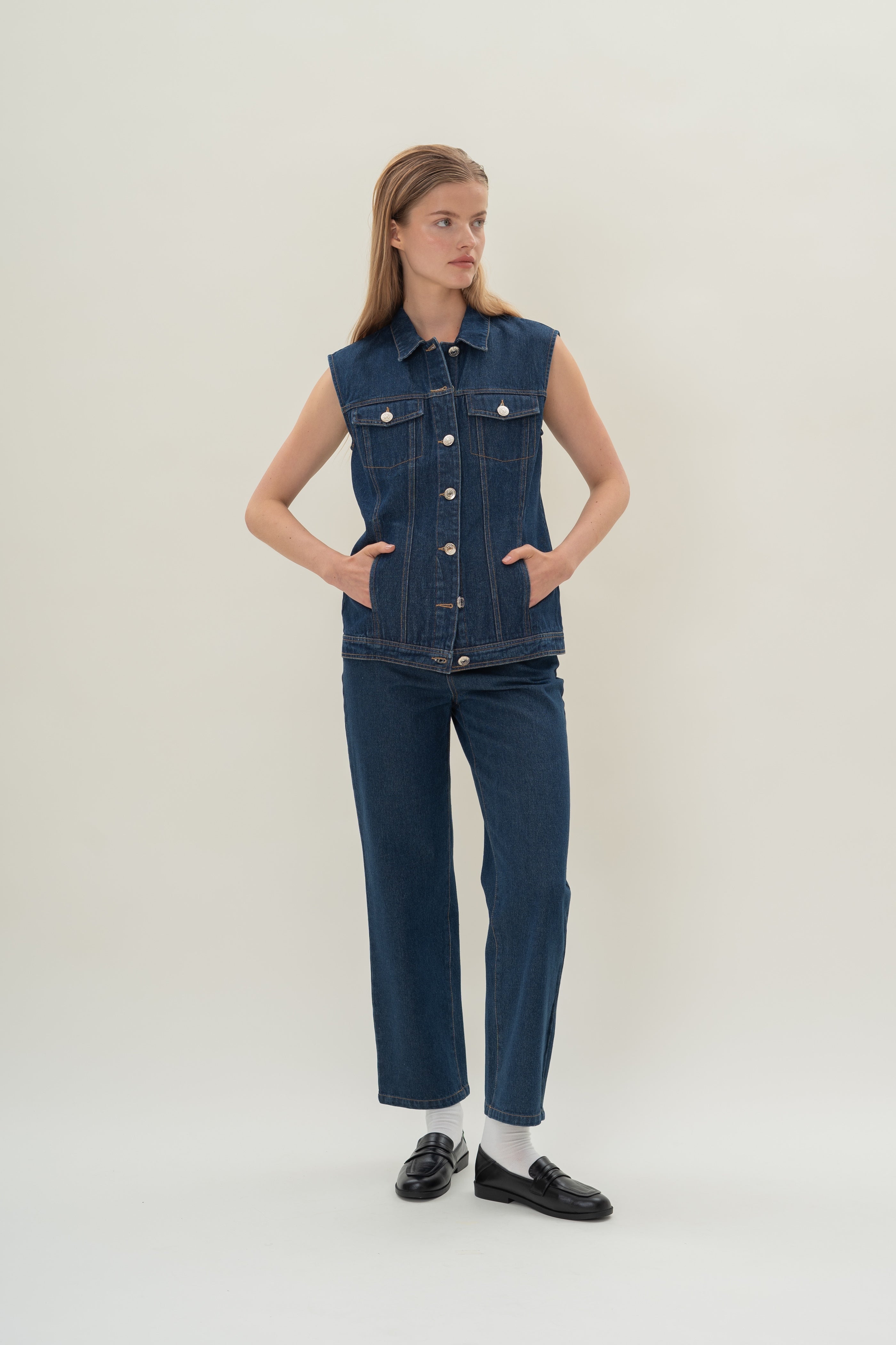Longline Denim Vest Top in Mid Blue