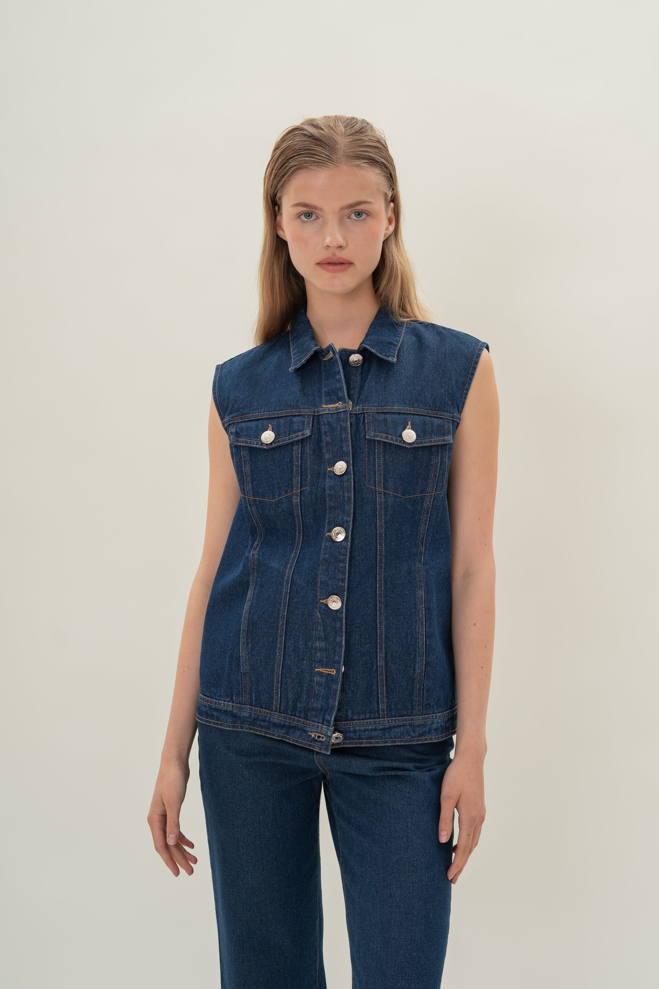 Longline Denim Vest Top in Mid Blue