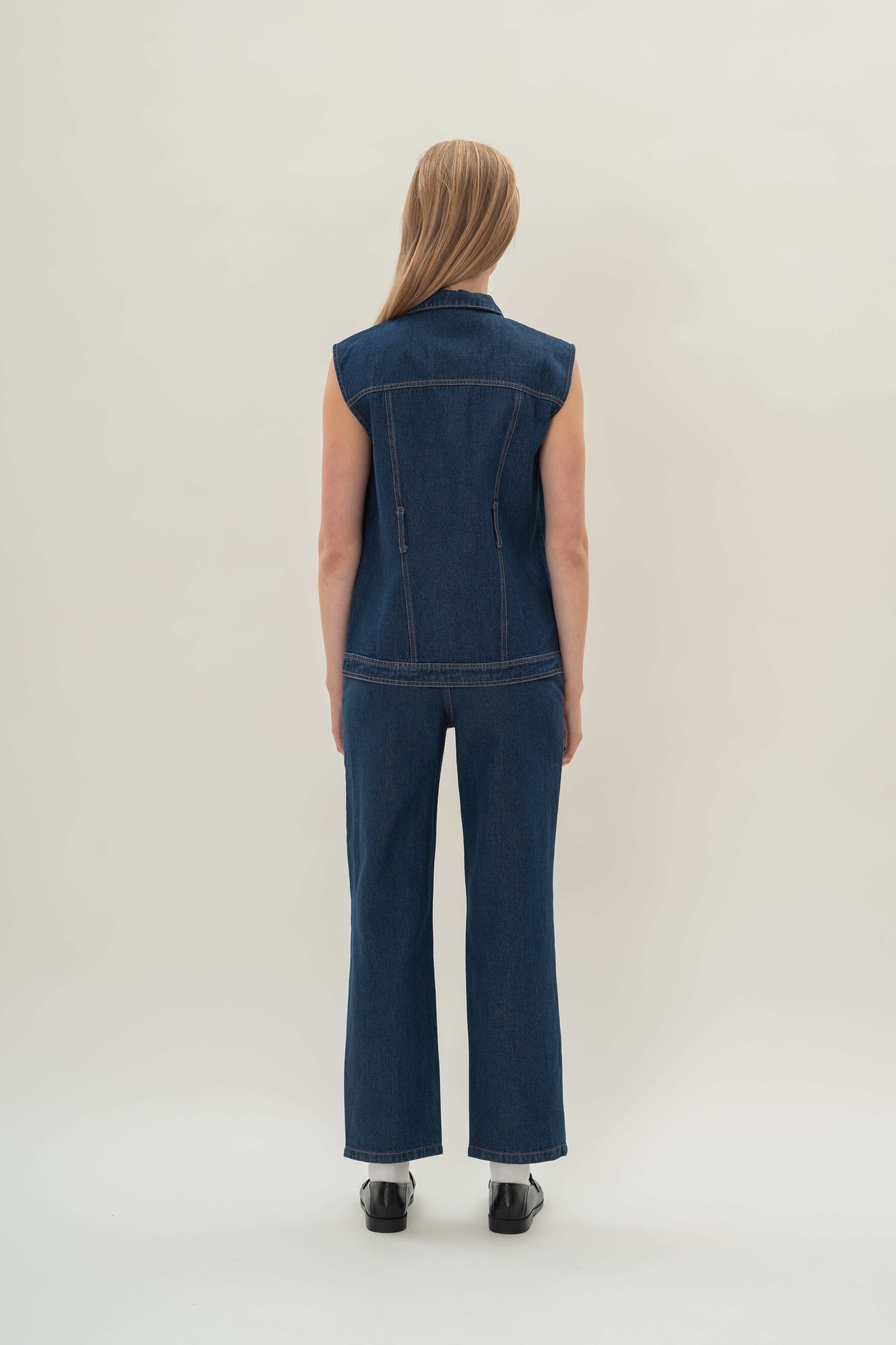 Longline Denim Vest Top in Mid Blue