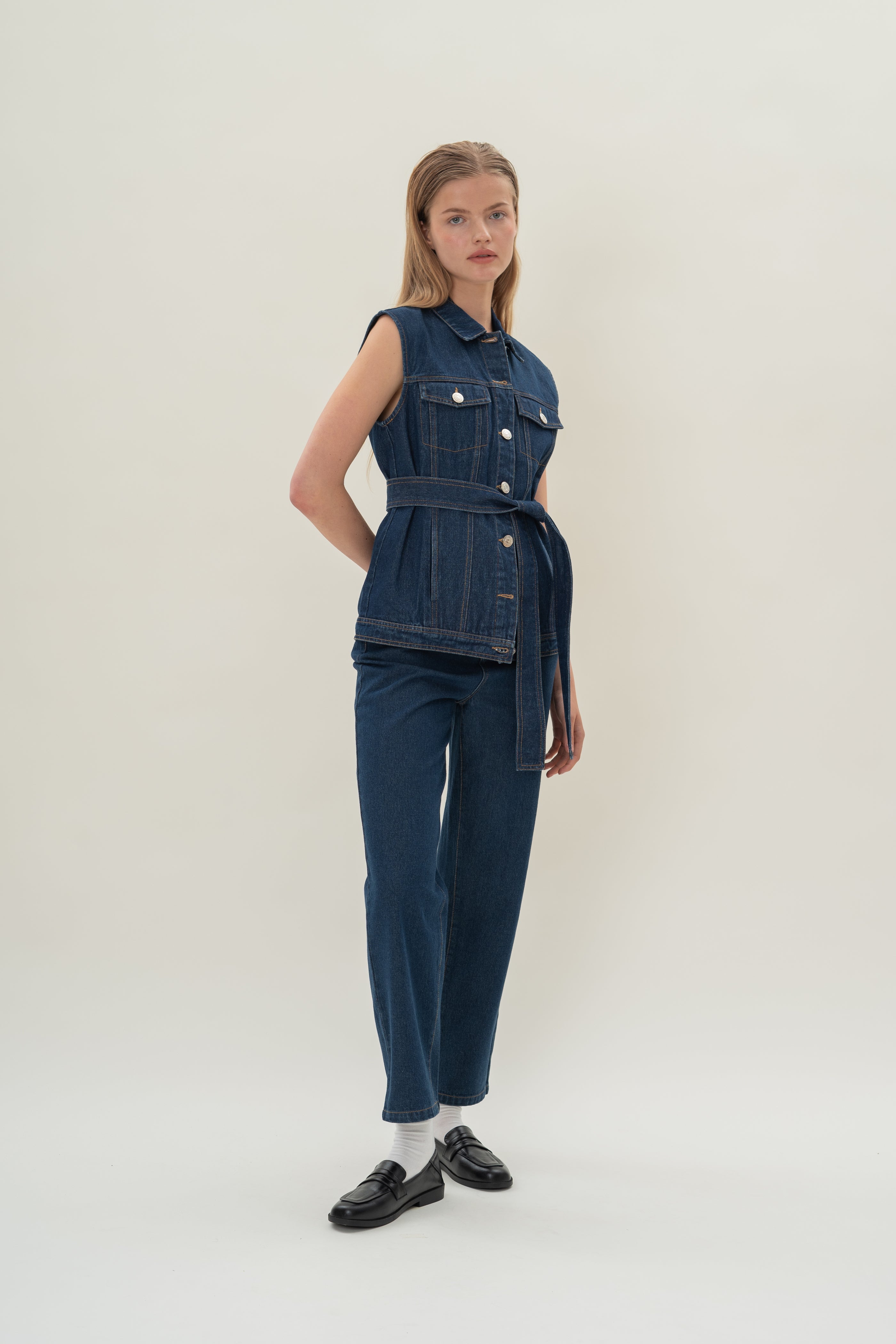 Longline Denim Vest Top in Mid Blue