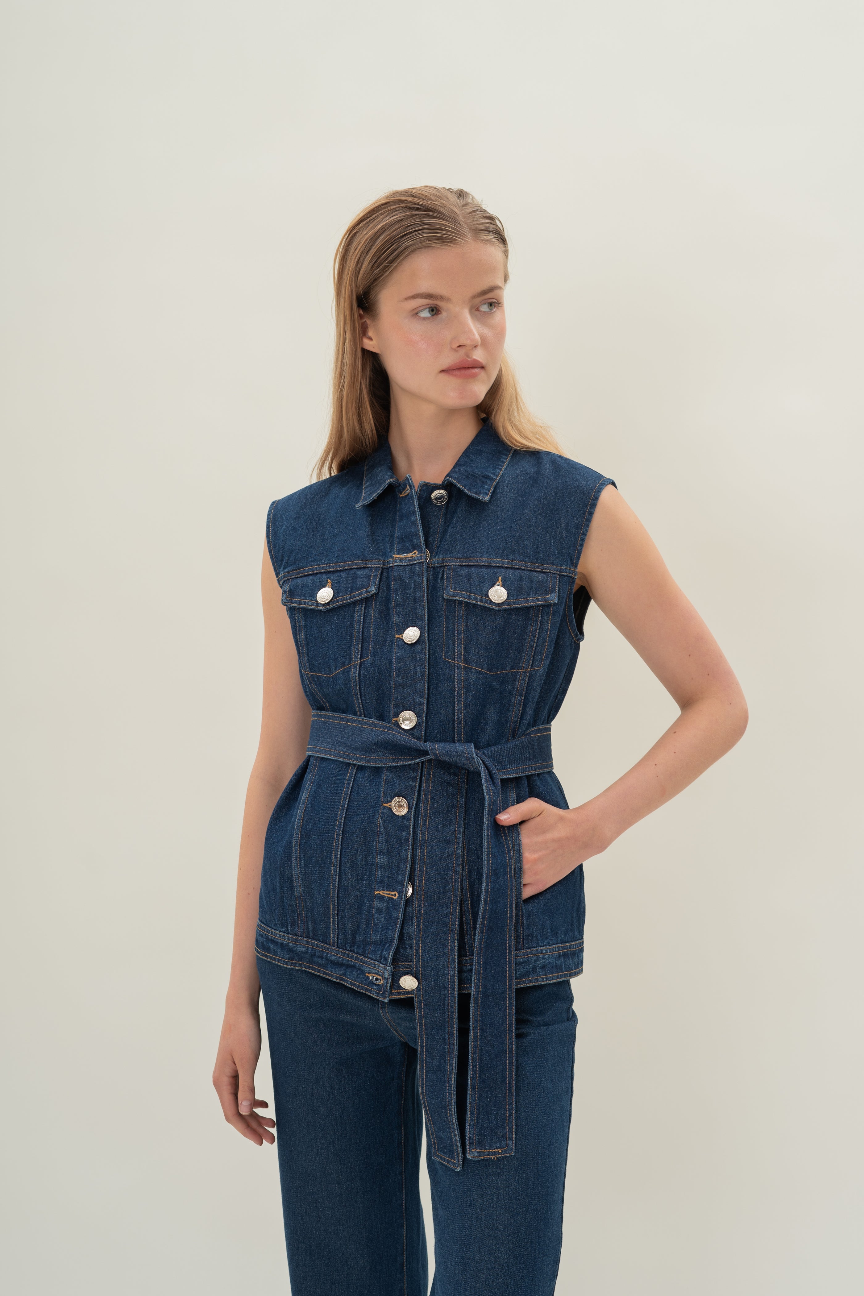 Longline Denim Vest Top in Mid Blue