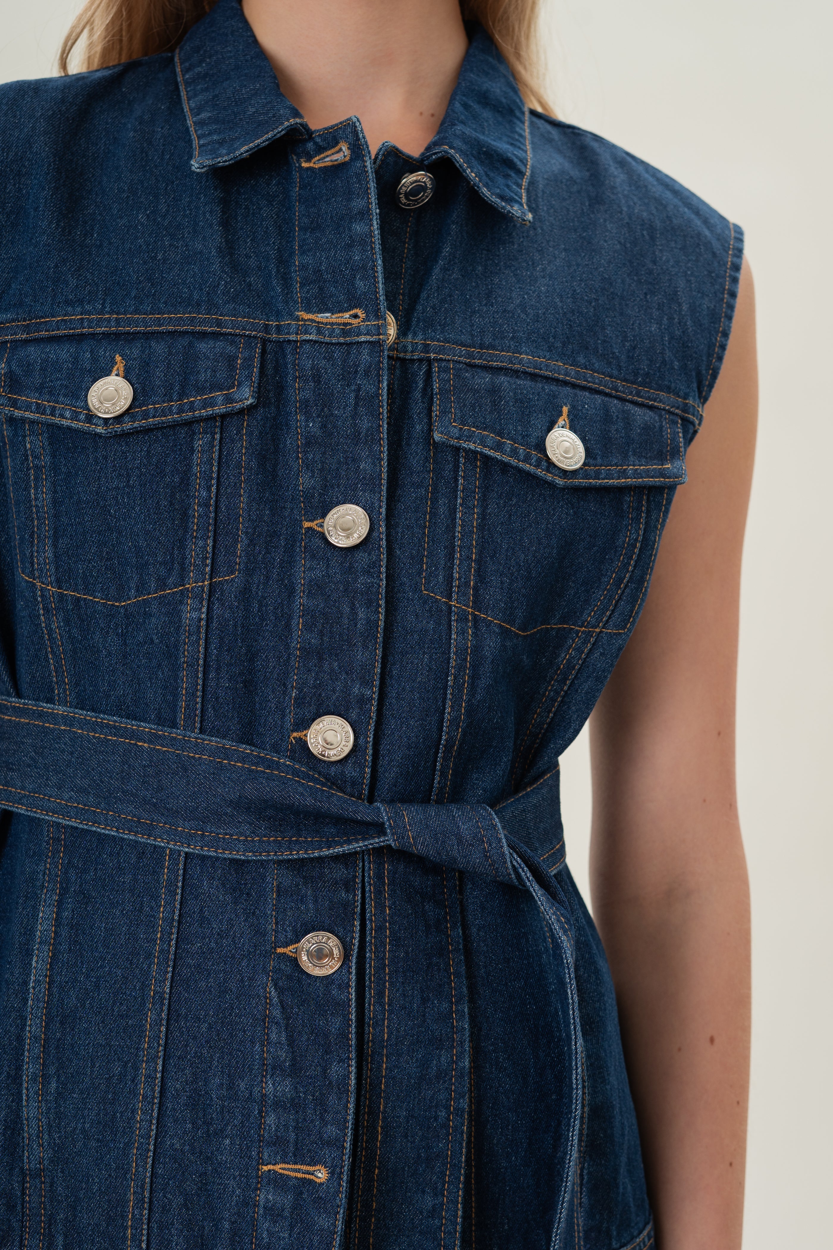 Longline Denim Vest Top in Mid Blue