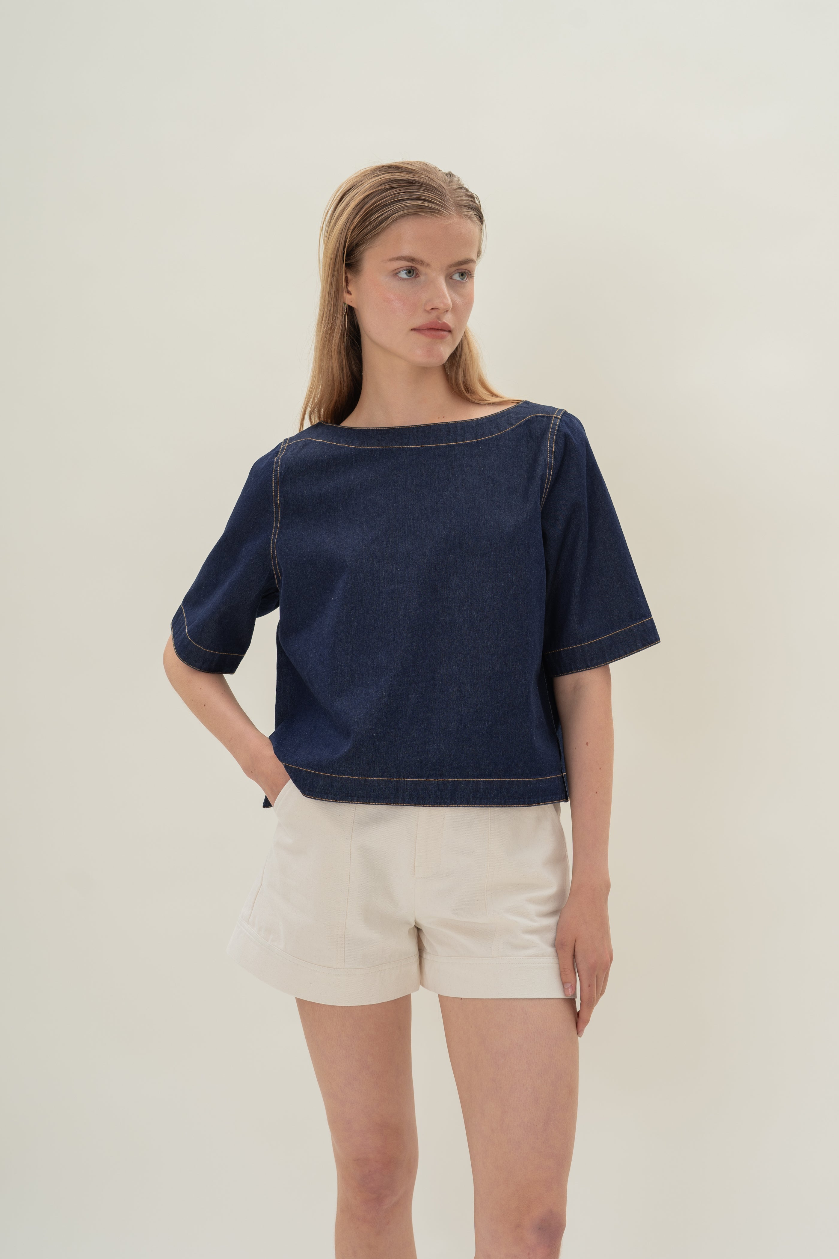 Boat Neck Denim Top in Dark Wash