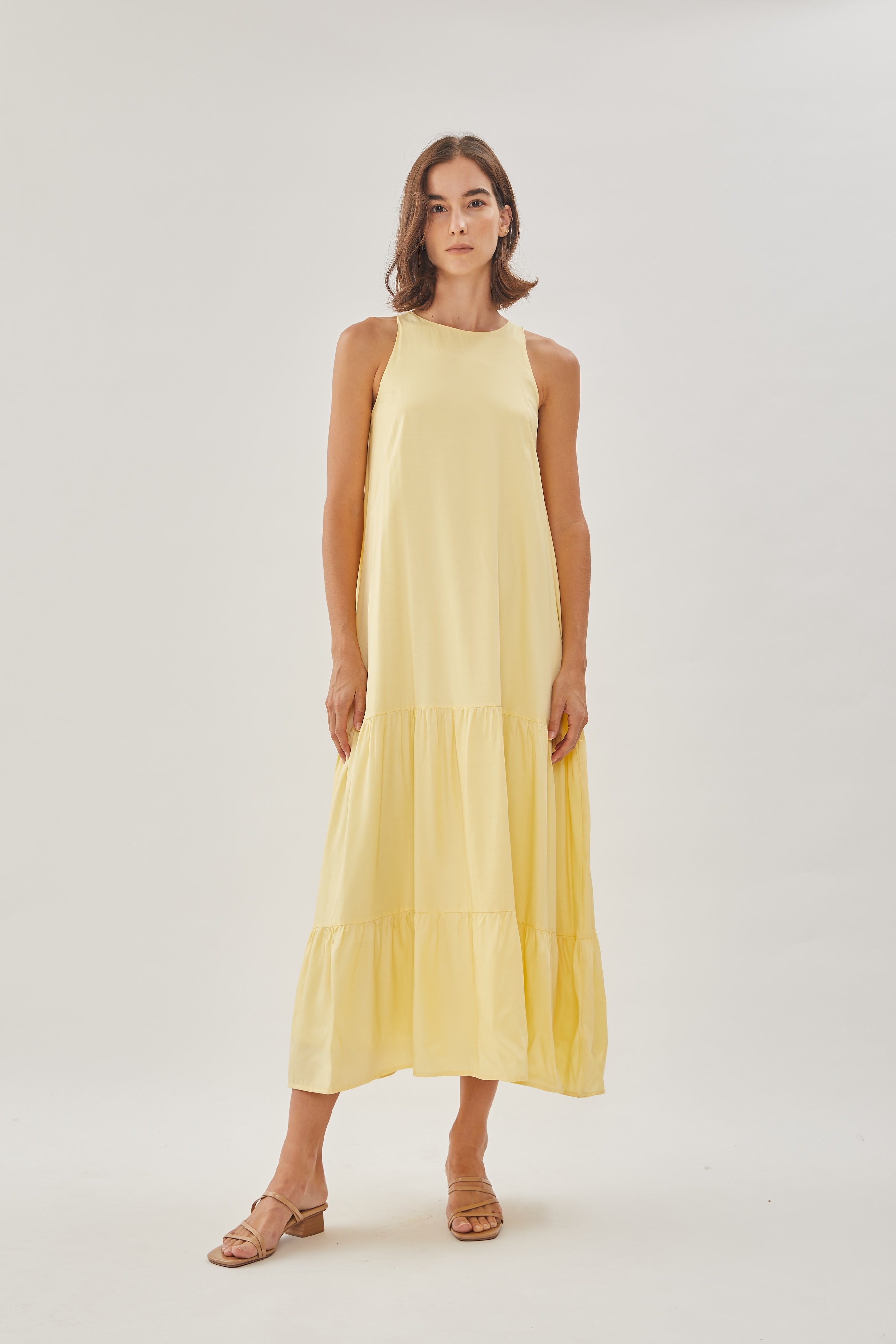Cotton Blend Tiered Maxi Dress in Yellow
